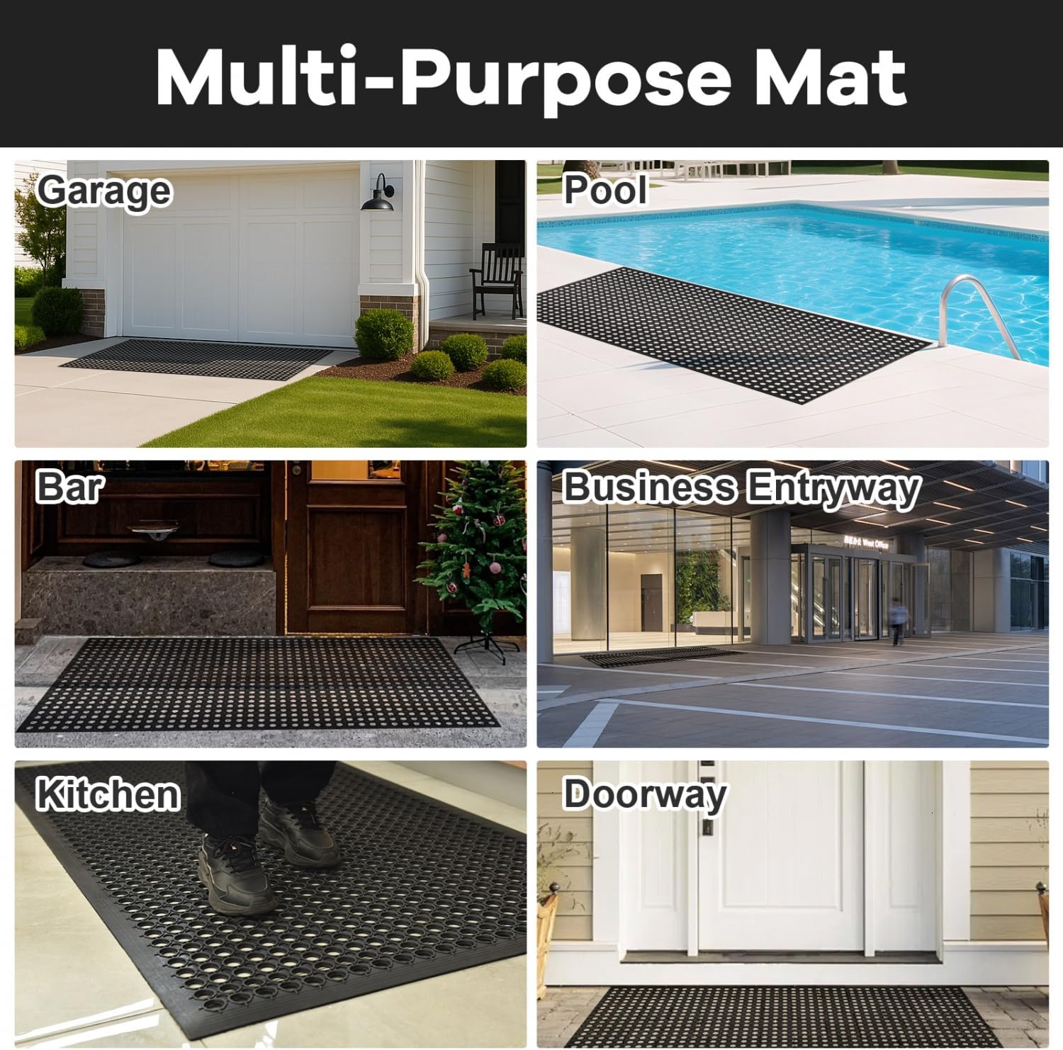 Outdoor Rubber Mat with Drainage, 4.9 X 2.9 Ft Black Anti-Slip Outdoor Door Mat for Floor, Outside, Indoor, Kitchen, Entrance, Garage, Bar and Wet Area