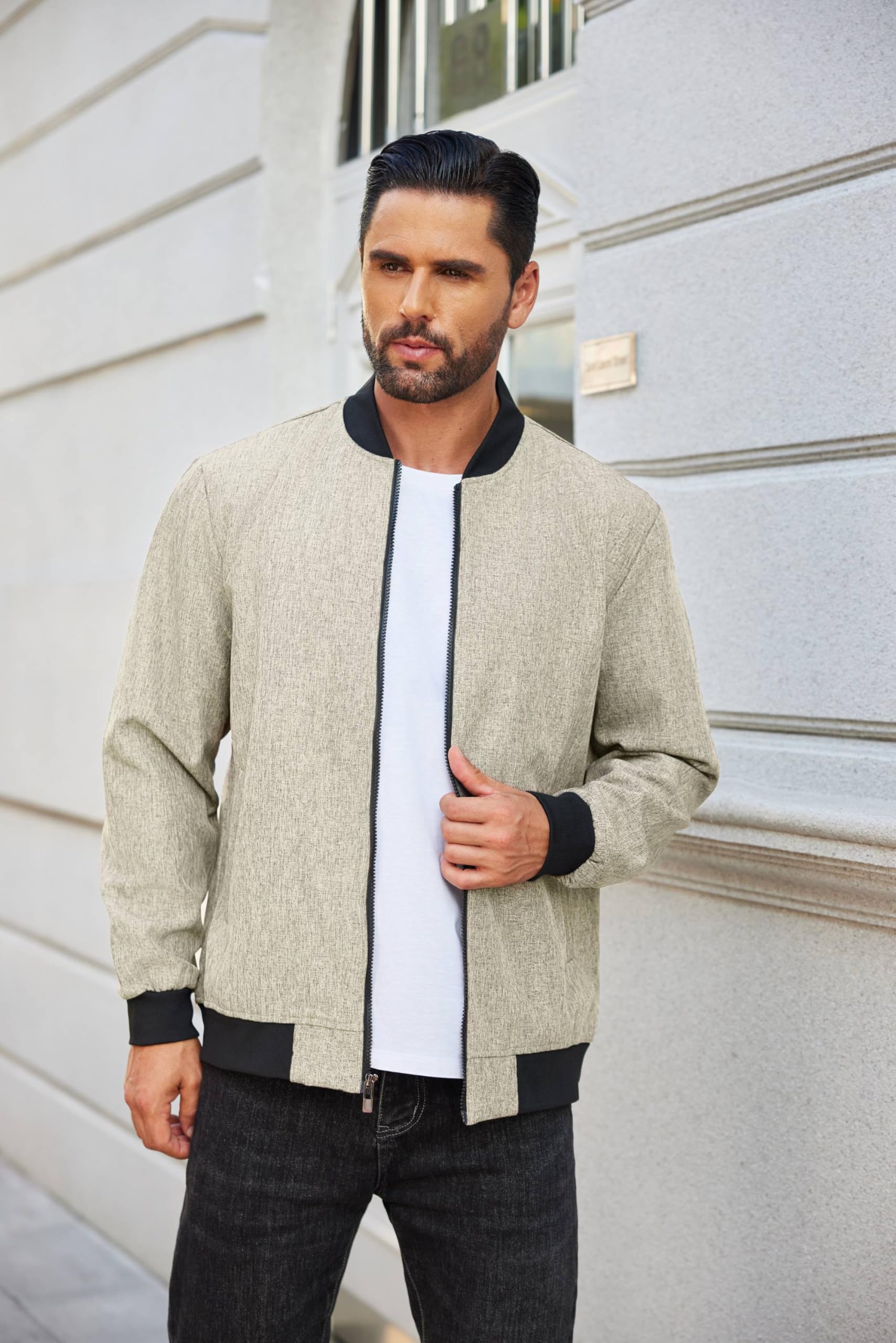 COOFANDY Mens Zip Up Bomber Jackets Casual Stylish Lightweight Baseball Varsity Jackets Khaki Outerwear Coats
