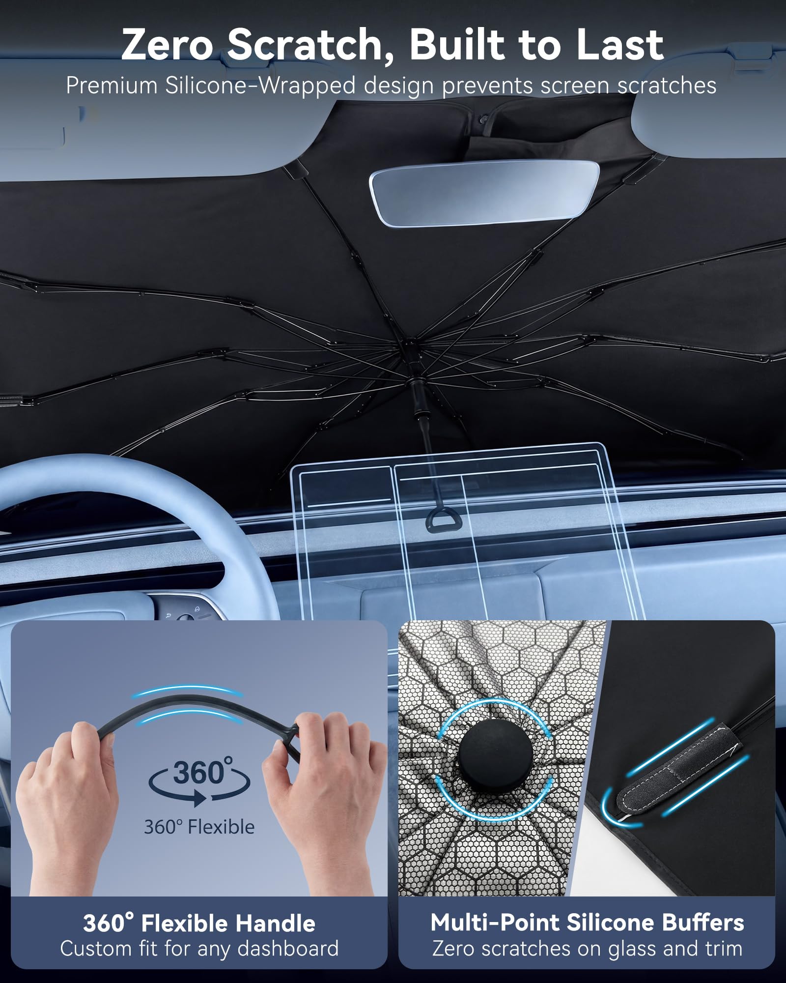 3W Grand parapluie pour pare-brise - 160 x 82 cm - Revêtement en vinyle - Bord à structure à ressort - Protège l'intérieur de la voiture contre les rayons du soleil et les dommages causés par la
