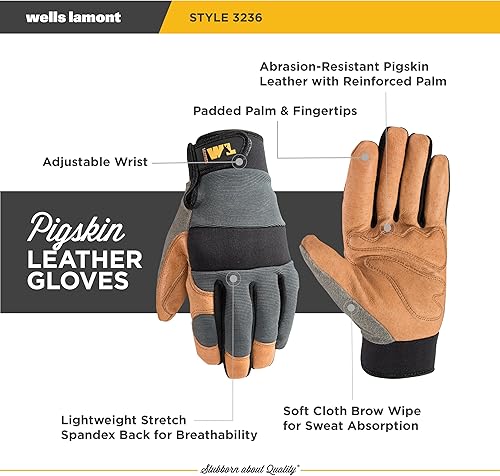 Miniatura 2 de Wells Lamont Guantes de trabajo de elastano híbridos de piel resistente para hombre, XL (3236XL), gris