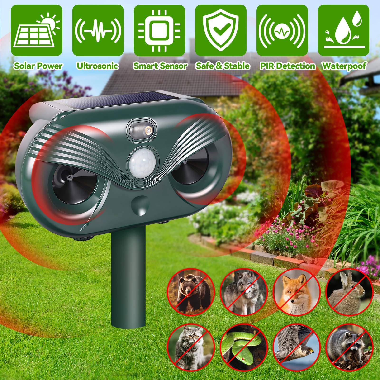 Ahuyentador de Gatos Exterior, Ultrasónico Repelente de Zorros Solar con Luz LED, 8m 120° IPX4 Impermeable Aullentador de Animales para Gatos Zorros Martas Mapaches Perros