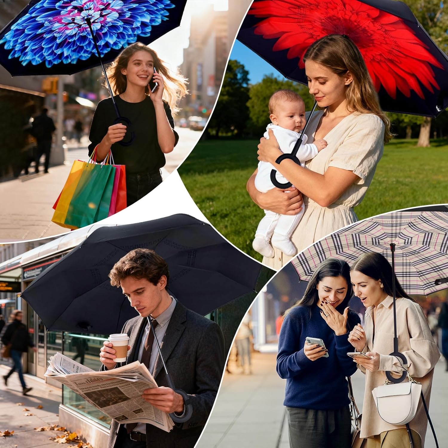 Inverted Umbrella, 49 Inch Double-Layer Vented Reverse Umbrella, Windproof Waterproof UV Protection, Lightweight C-Handle, Fiberglass Ribs, Steel Shaft, Travel/Commute/Car Use, With Sleeve - Image 5