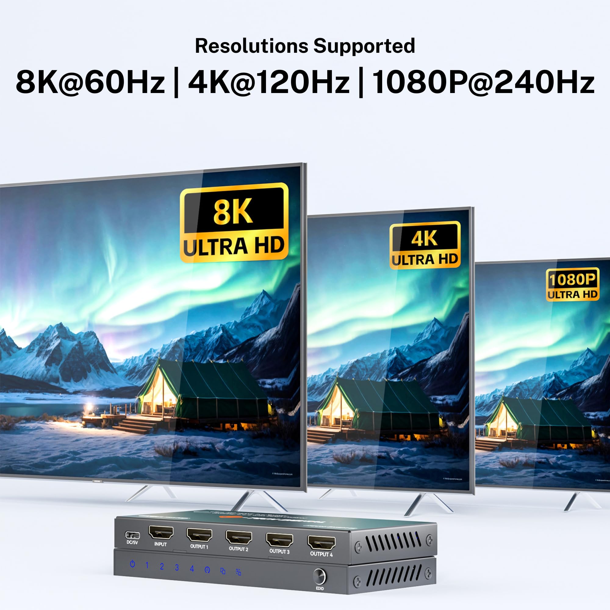 J-Tech Digital Divisor HDMI 8K 1 en 4 Salidas, HDMI 2.1 1x4 Divisor 8K @60Hz 4K @120Hz 1080P @240Hz, Pantalla duplicada/Espejo 3 Modos EDID con reducción HDCP 2.3 [JTECH-8KSP14E]