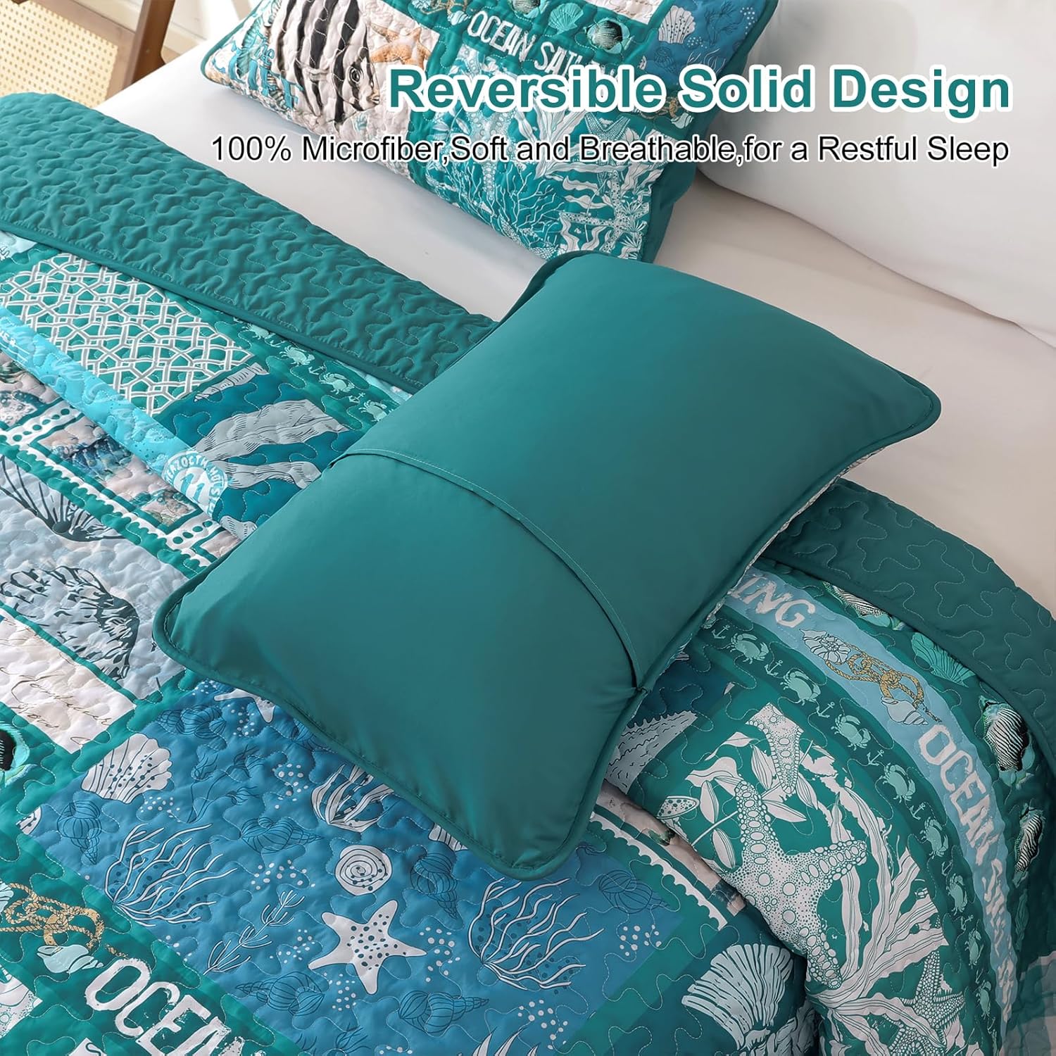 Beach Quilt Set Queen Size 3 Piece,Summer Coastal Bedspread Coverlet Lightweight Green Ocean Theme Plaid Patchwork Bedding Set with Shams,Reversible Microfiber Comforter Set for All Season - Image 5