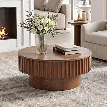 31.5 Round Coffee Table with Storage for Living Room Modern Circle Fluted Coffee Table with Lid Center Tables Accent Tea Table for Apartment, Brown