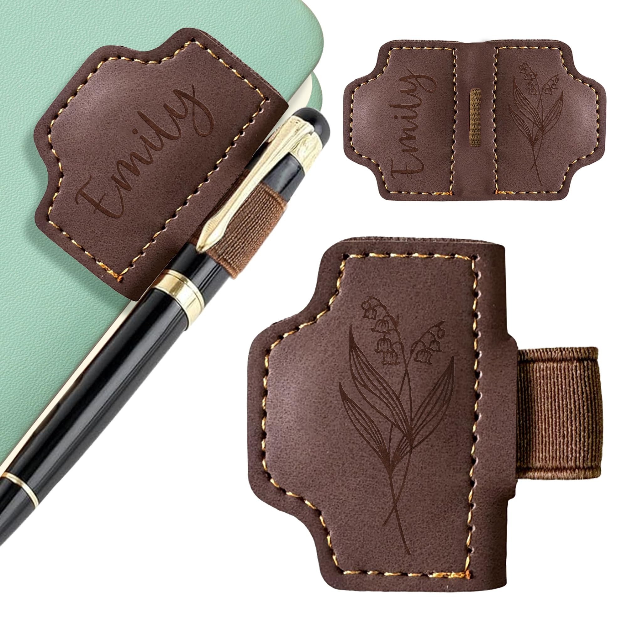 EDSG Personalised Magnetic Bookmark, Engraved Leather Bookmark Clip with Pen Holder, Custom Book Marks with Birth Flower Mothers Bookmarks Gifts for Men Women Teachers Christmas (Dark Brown-Magnetic)