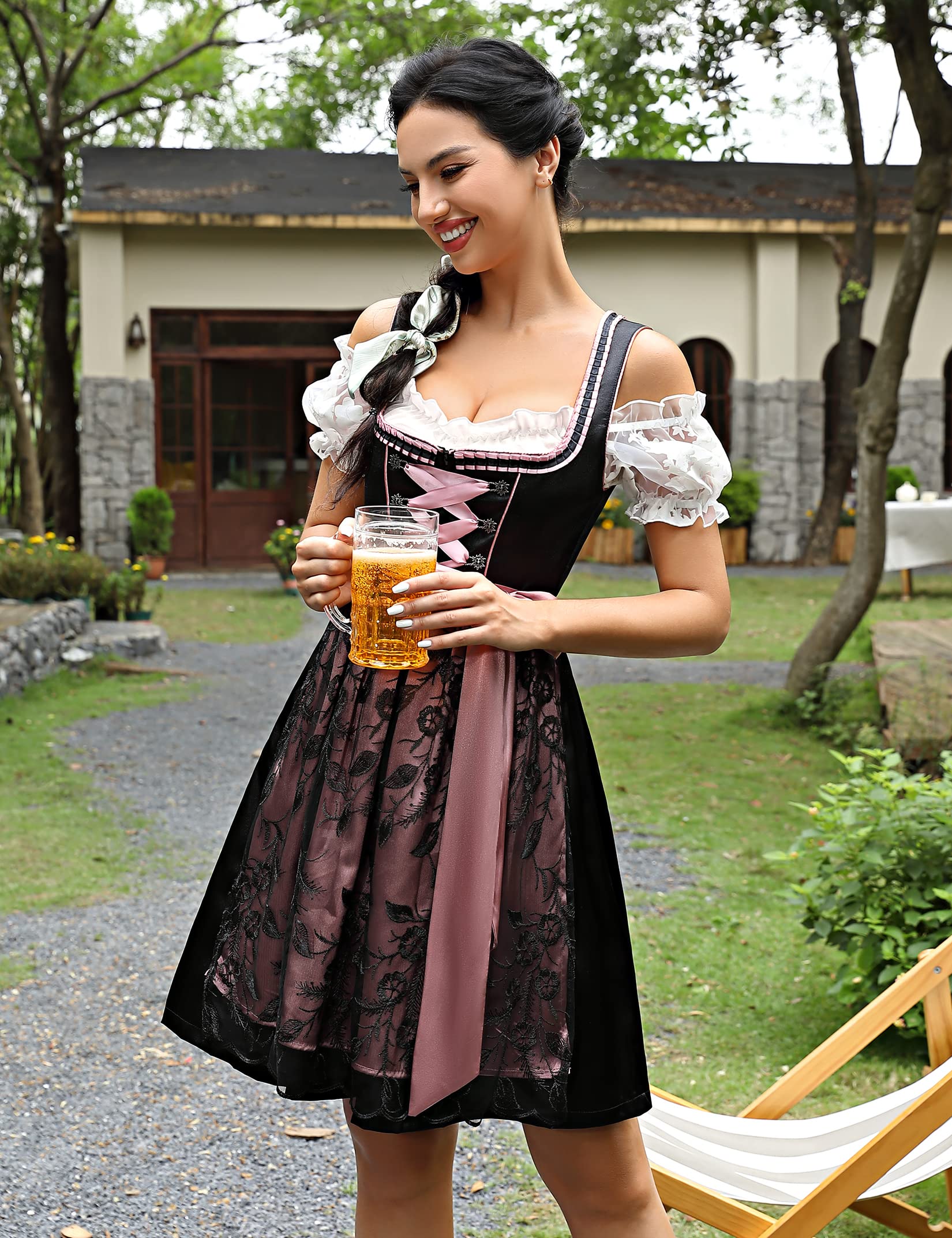 KOJOOIN Abito Donna Dirndl Bavaria Oktoberfest Set 3 Pezzi Camicia e Grembiule Dirndl Manica Corta Grembiule Bavarese Oktoberfest Cameriera Abiti da Festa
