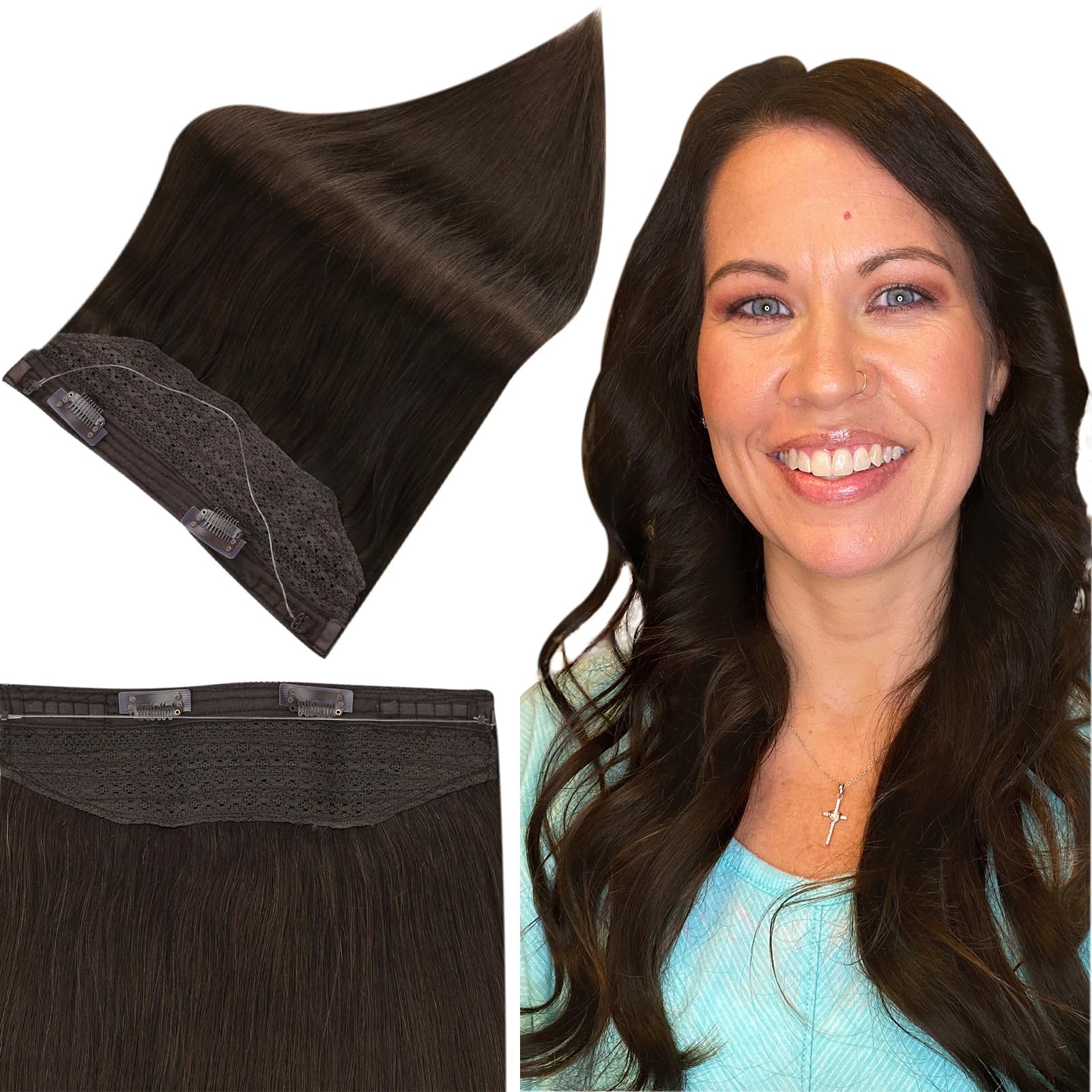 Full Shine Wire Human Hair Extension Brown 90g, Invisible Fish Line Hair Extensions Straight Remy Hair for Women with Adjustable Secrets Wire 20 Inch