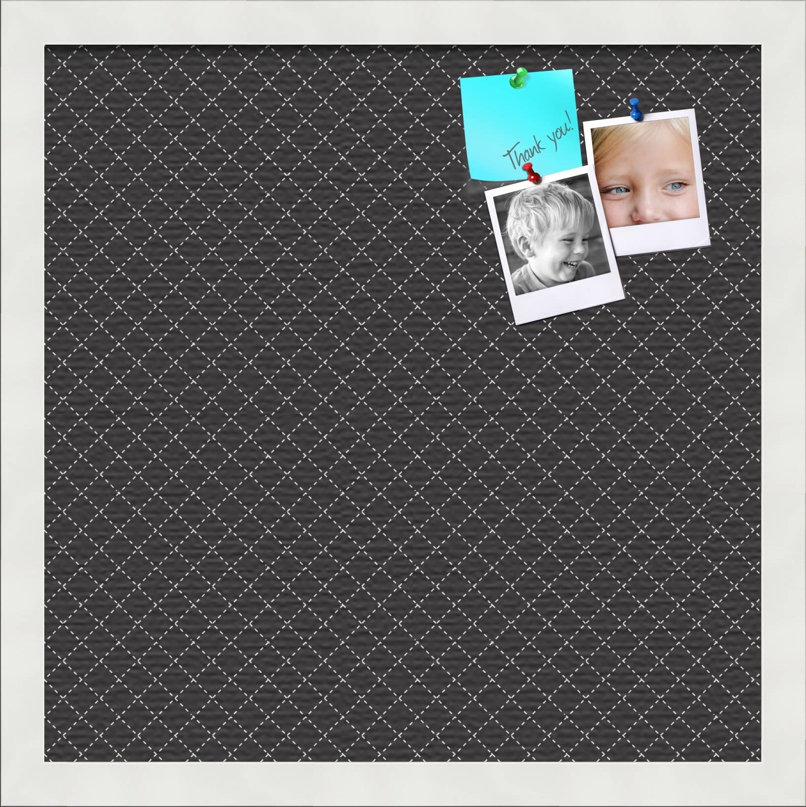 PinPix 16x16 Inch Cork Bulletin Board. This Decorative Framed Pin Board Comes with Black Diamond Design and a Satin White Frame Frame. Ideal for Home