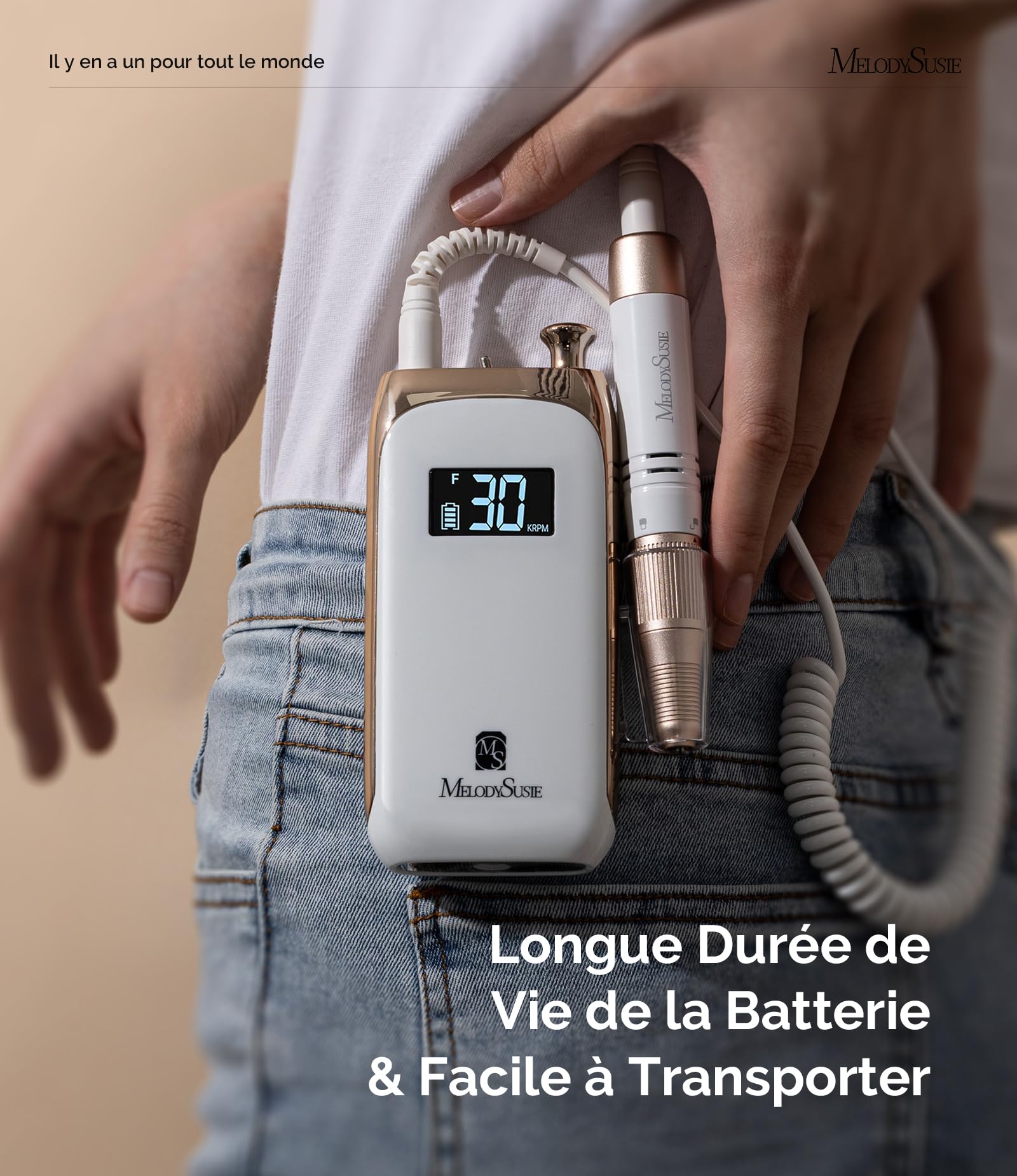 MelodySusie Ponceuse pour Ongles Professionnelle, SC320C Lime à Ongles Electrique Portable Sans fil Rechargeable pour Manucure Pédicure Puissante, Avec 6 Embouts Ponçage pour Salon/Maison, Blanc