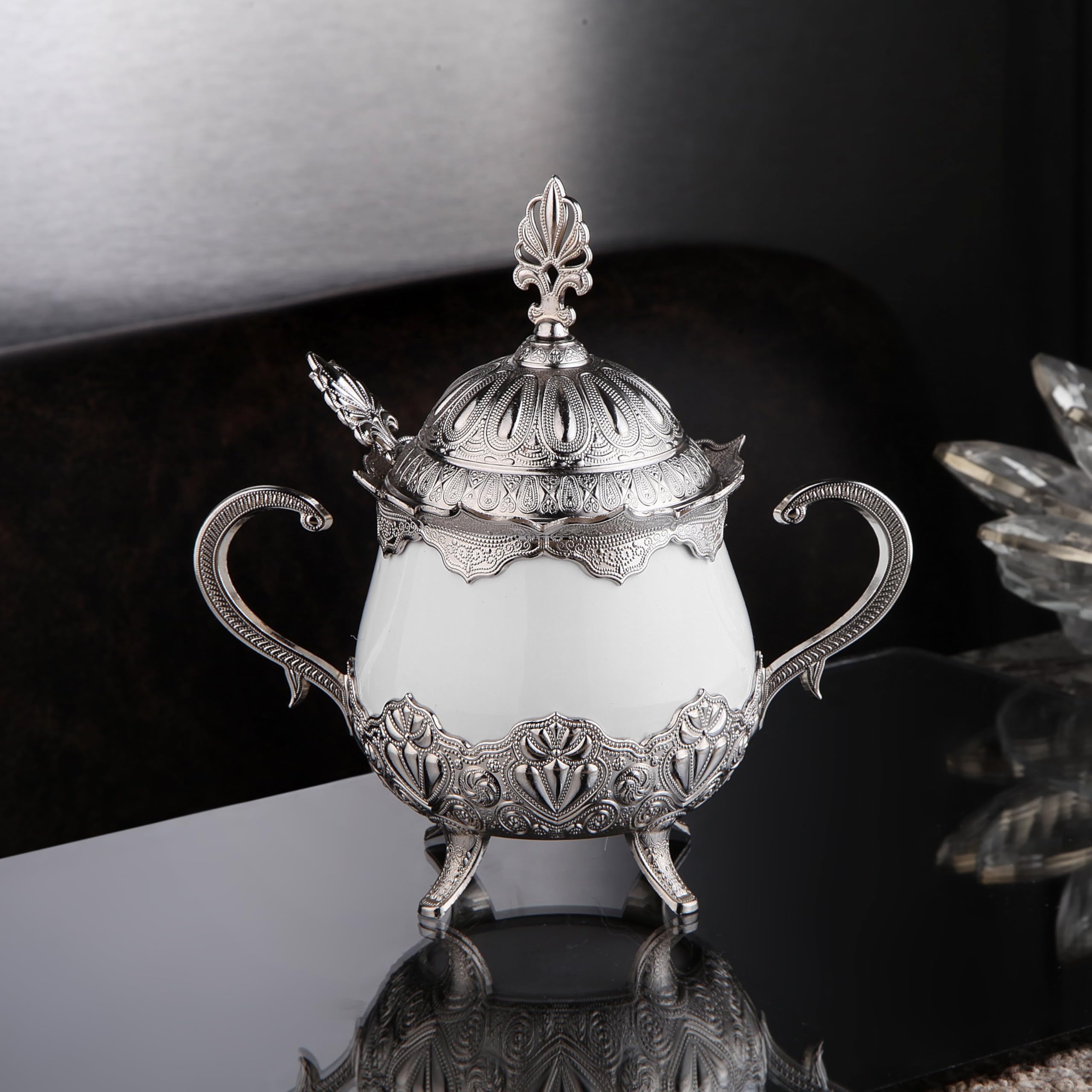 LaModaHome Sugar Bowl with Lid and Spoon for Home, Kitchen and Wedding Party, Serving for Delight and Chocolate, Decorative Design for Cube and Powder Sugar - Silver/White