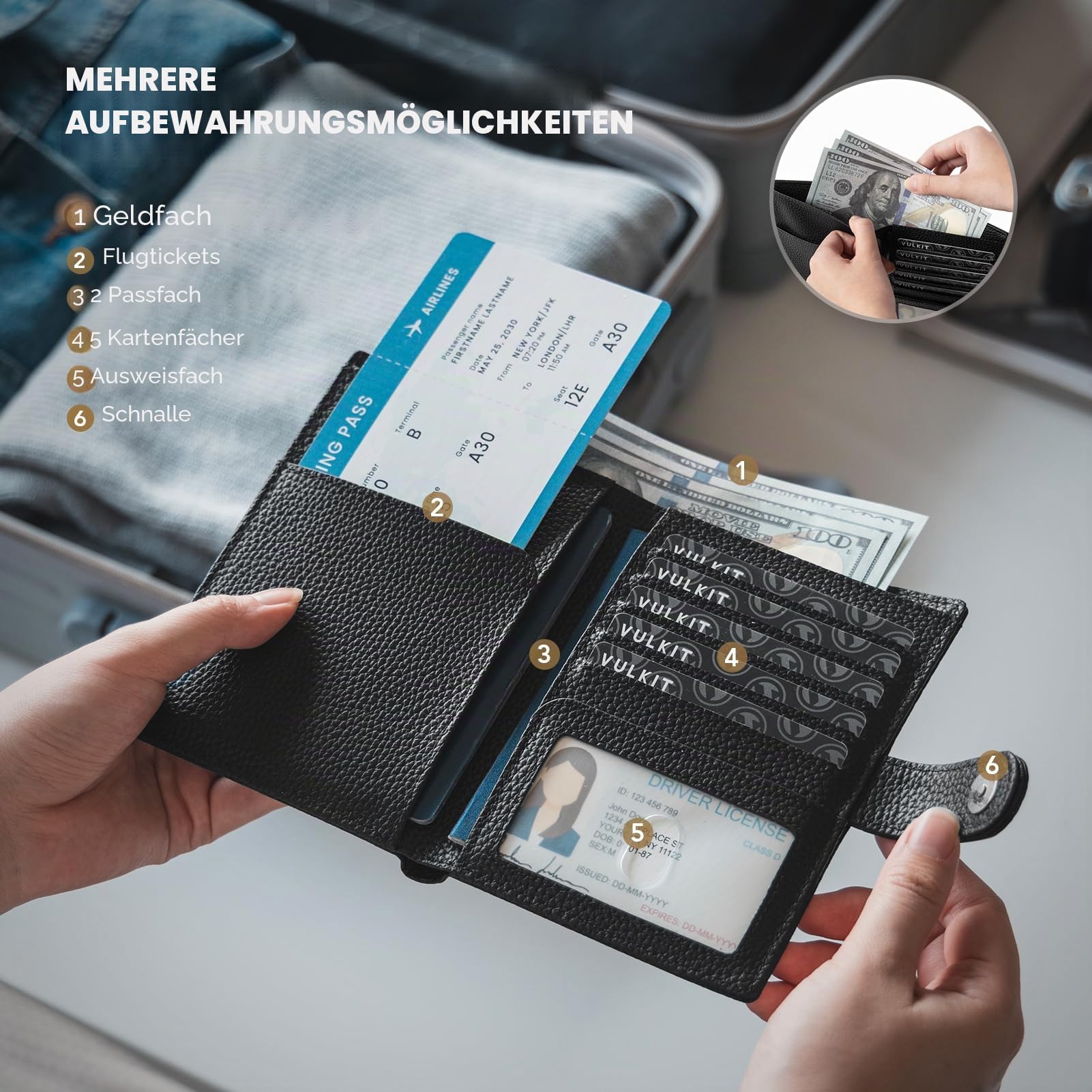 VULKIT Leder-Pass-Portemonnaie für 2 Pässe, schlankes Doppel-Pass-Halter, RFID-Schutz, Reisepass-Portemonnaie mit ID-Fenster für Damen
