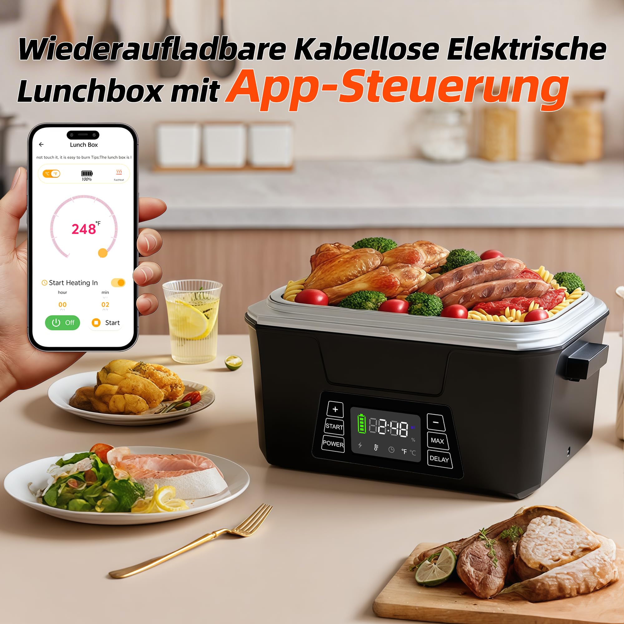 Vabaso Wiederaufladbare Kabellose Elektrische Lunchbox mit App-Steuerung, 10000mAh Batterie, 80W Schnellheizung & Warmhaltefunktion, Selbstaufwärmende Essensbox für Büro, Auto oder Outdoor
