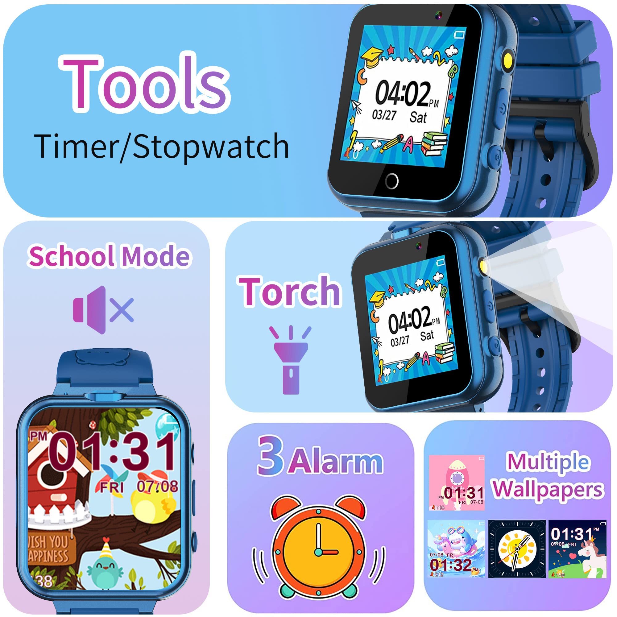 24 Juegos Reloj Inteligente Niño, Reloj Juegos Niños Niñas con Linterna, Podómetro, Dual Cámara, Despertador, MP3 Música, Calculadora, Reloj Inteligente Niño Niña de 4 a 12 Años Regalo de Cumpleaños