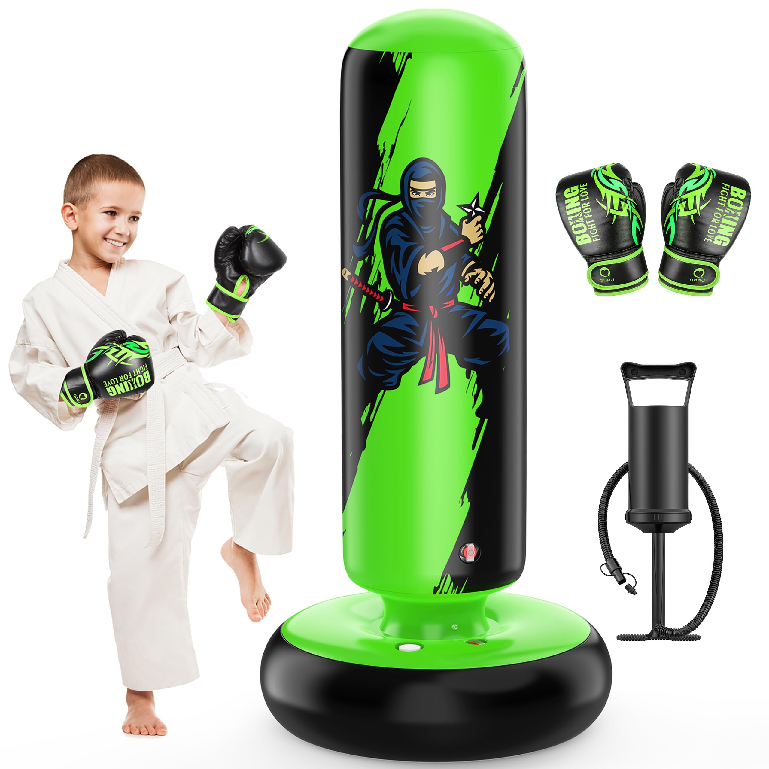 QPAU Punching Bag for Kids, 66 Inch Stable Inflatable Boxing Bag with Boxing Gloves, Stand Kids Punching Bag Toy for Boys & Girls Age 6-12, Boxing Set for Practicing Karate, Taekwondo, MMA