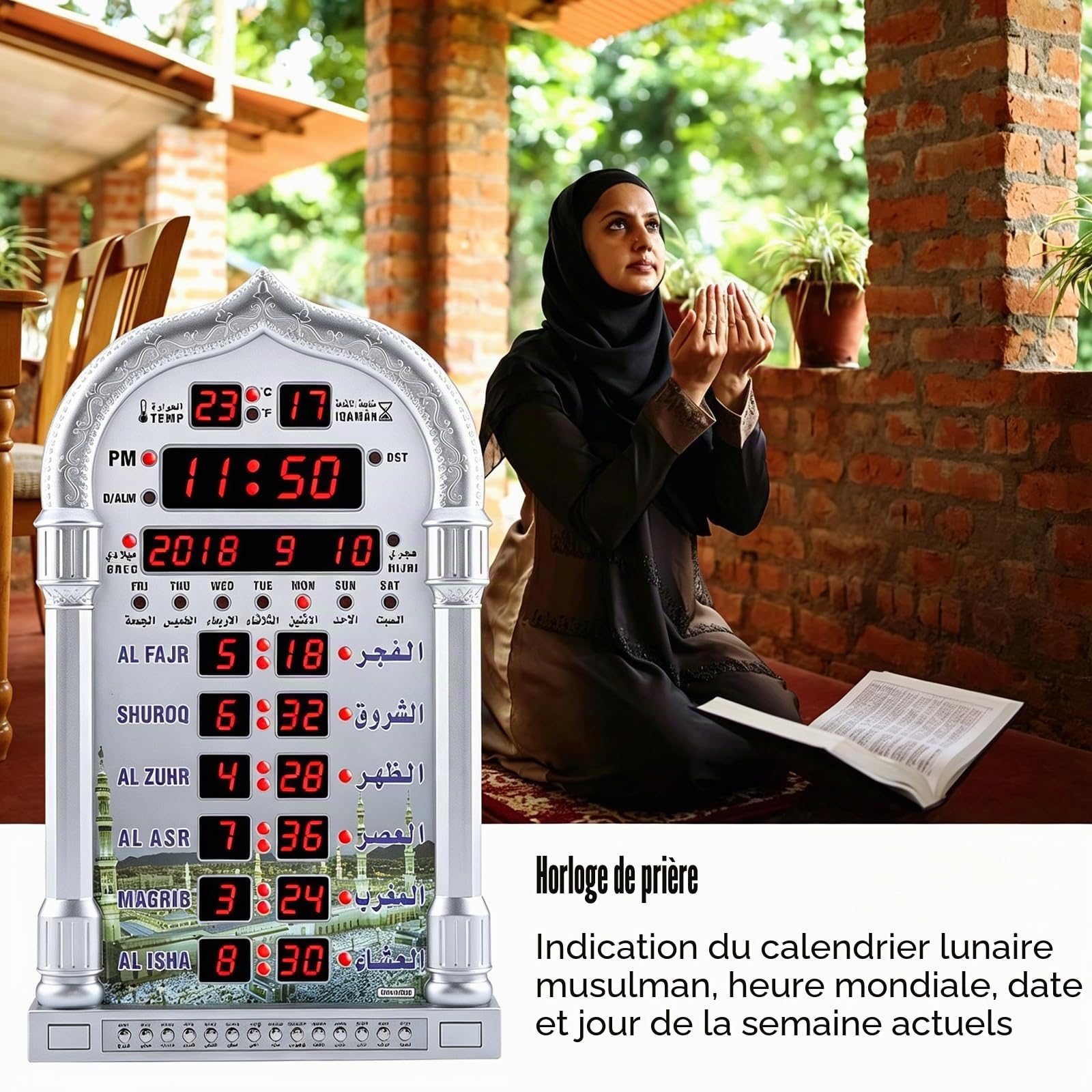 Fyearfly Musulmane Azan Horloge de Prière, Horloge de Prière Islamique Automatique LCD, Maison/Bureau/Mosquée, Horloge Décorative Digitale Murale/Bureau (Télécommande + Prise EU)