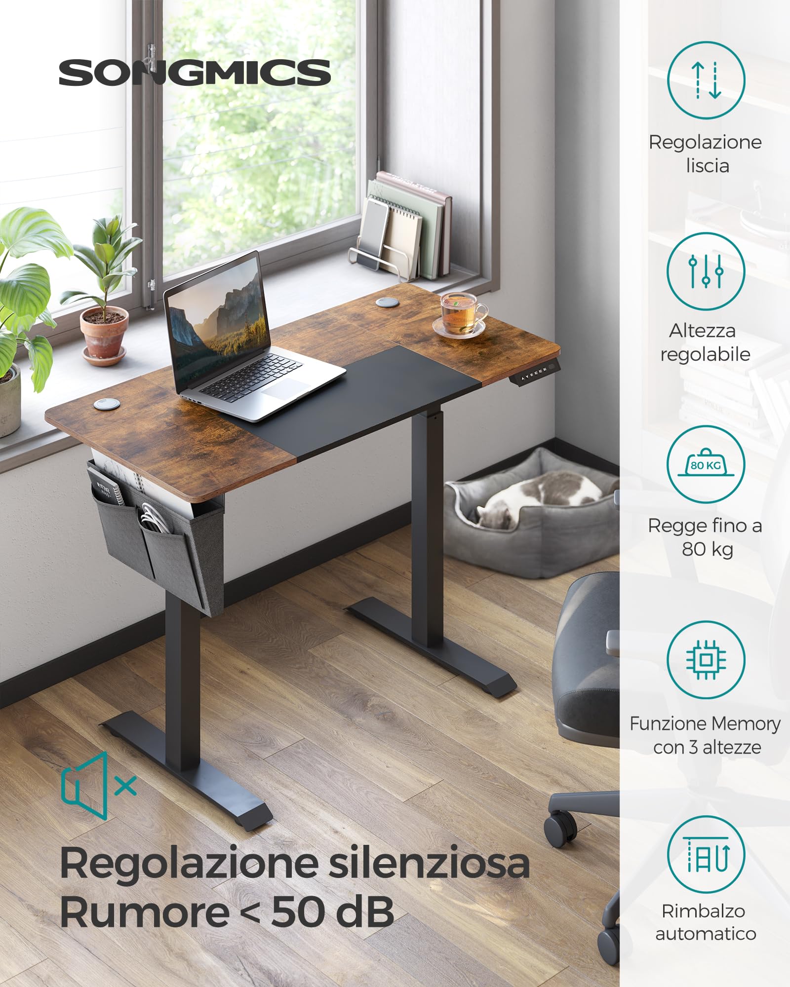 SONGMICS Scrivania Regolabile in Altezza Elettrica, 120 x 60 cm, Scrivania Elettrica, Tavolo con Memoria per 4 Altezze, per Ufficio, Marrone Vintage e Nero Opaco LSD015X01