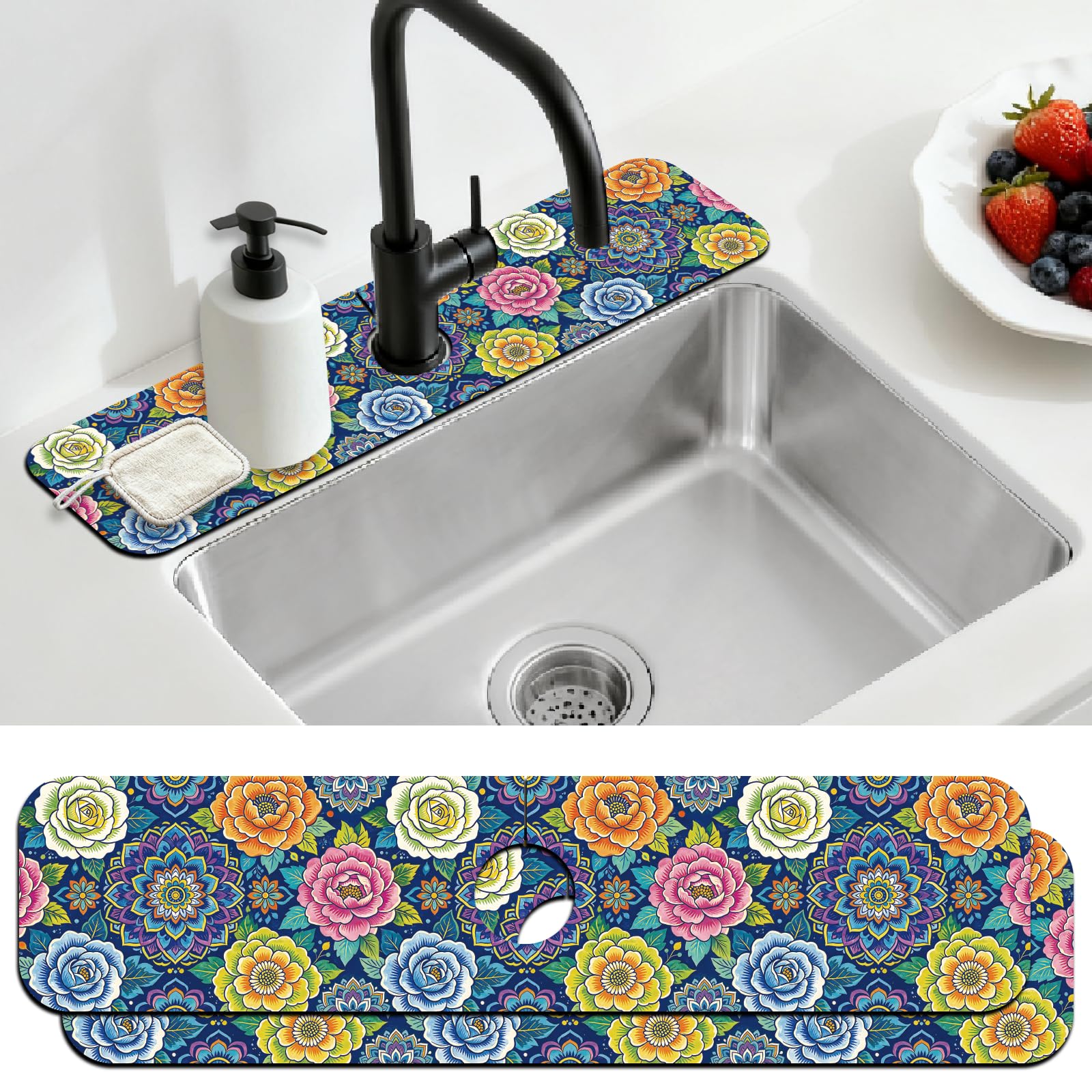 CONCHLERY 2 Pcs Mandala Pattern Kitchen Sink Splash Guard Faucet Mat Vintage Florals Faucet Mat for Sinks Bohemian Flowers Absorbing Drying Mats for Kitchen Bathroom, 23.6x5.5inch — image 1