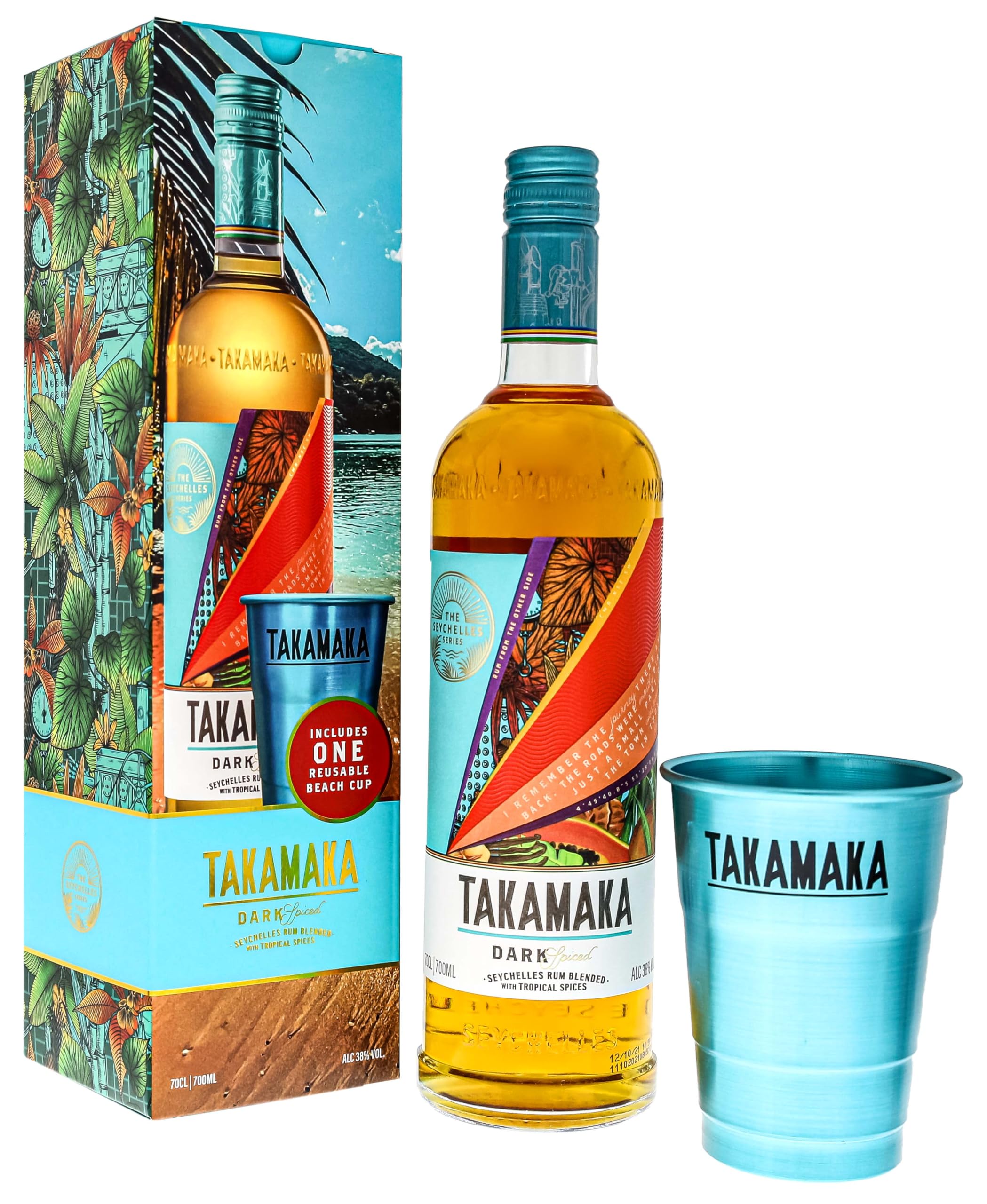 TakamakaDark Spiced Rum Gift Pack with Beach Cup| 38% | 70cl | Spiced Rum From The Seychelles | Vibrant Tropical Fruit and Local Spices | Perfect for Gifting
