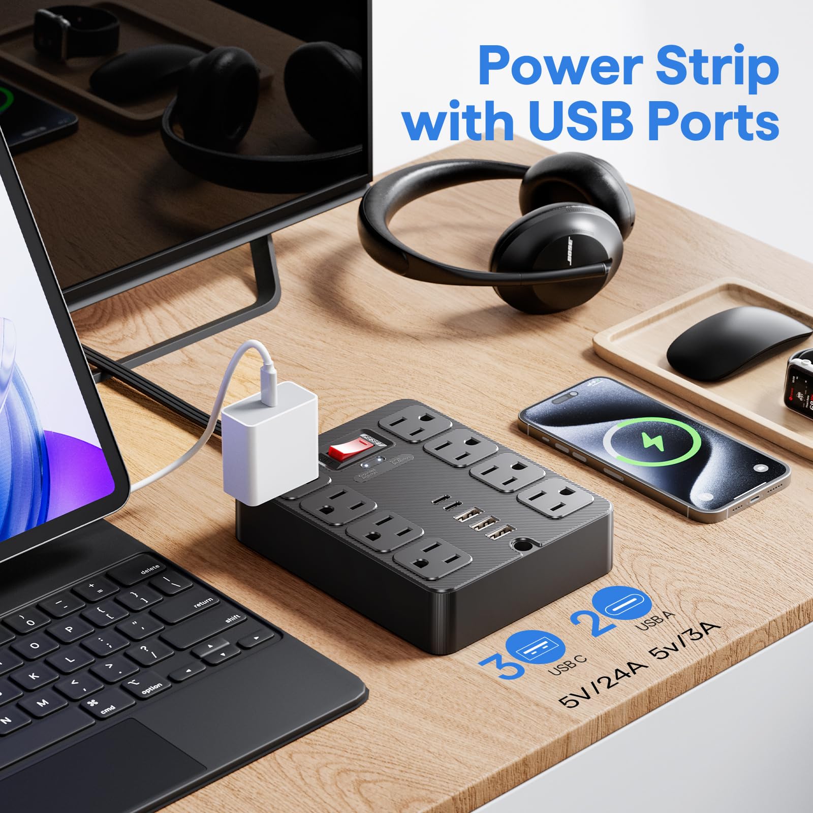 Conector plano 14 en 1 con protección contra sobretensiones, 8 enchufes de CA anchos, 4 puertos USB, 1250 W/10 A, cable de extensión de 5 pies con múltiples enchufes, extensión de computadora para