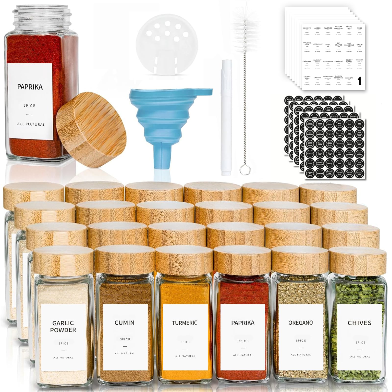 Spice Jars with Labels 24pcs Seasoning Organizer Bottles 4oz Glass Spice Jars with Bamboo Lids Spices and Seasonings Set Seasoning Containers for Spice Rack Kitchen Organizers and Storage