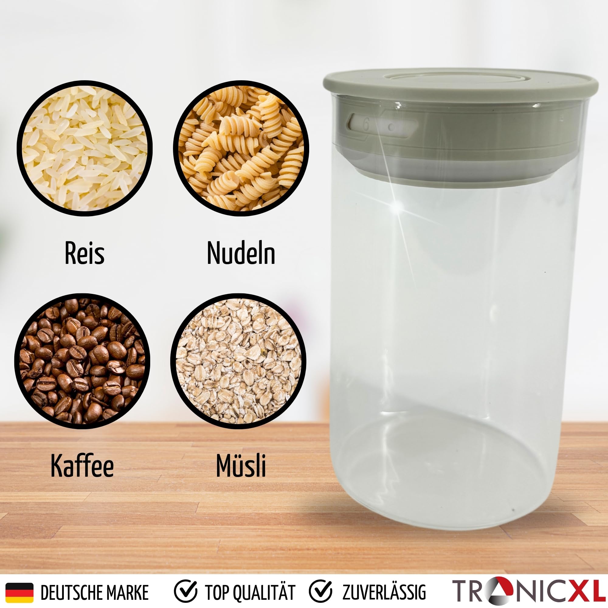 TronicXL Juego de 4 tarros de cristal de borosilicato al vacío, 1000 ml, herméticos, con tapa con cierre al vacío, para cocina, hogar, alimentos