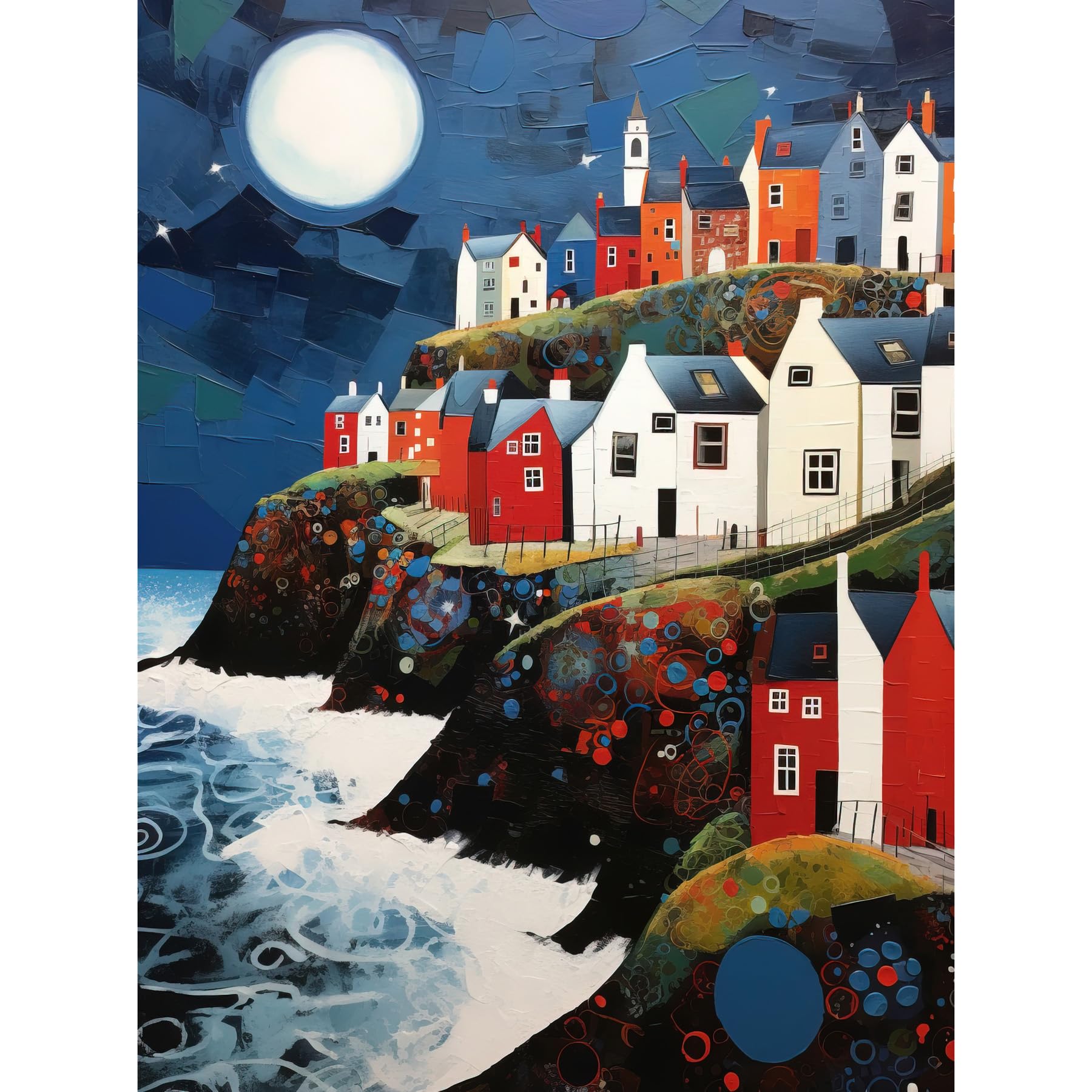 Artery8 Unframed Paper 12X16 Seaside Village Houses On Cliff Folk Art Oil Painting Bathroom Artwork Full Moon Night Waves Coastal Landscape Unframed Art Print Poster Wall Decor 12X16 Inch