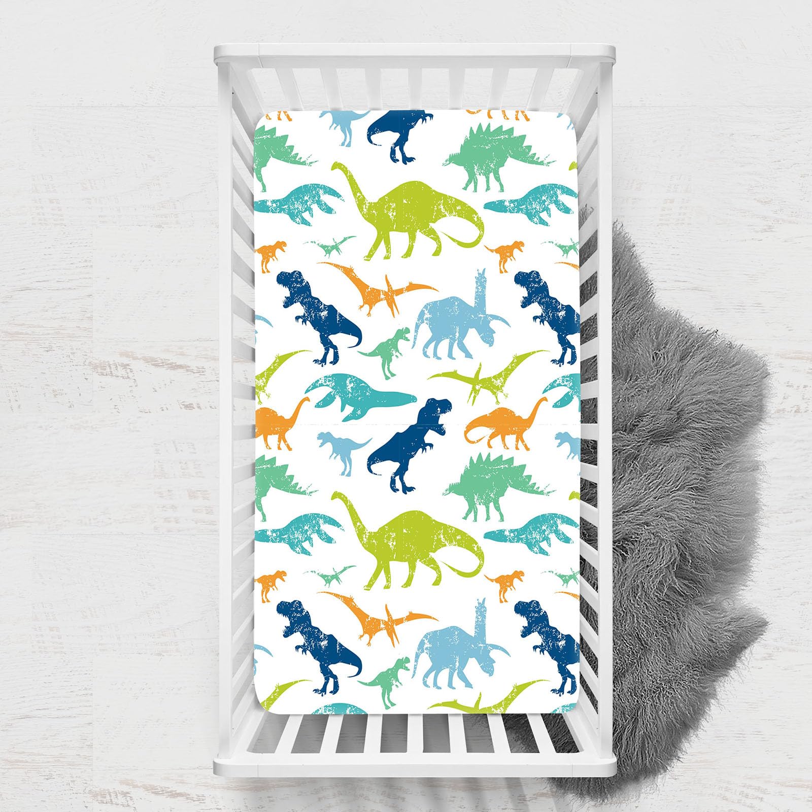 Odot Cot Bed Sheets, Dinosaur Print Bedside Cribs Fitted Sheets, Baby Bed Sheets Microfiber Cot Bed Mattress Protector, Bassinet Sheets, Easy Care Soft and Dureable (White 3,45x90 cm)