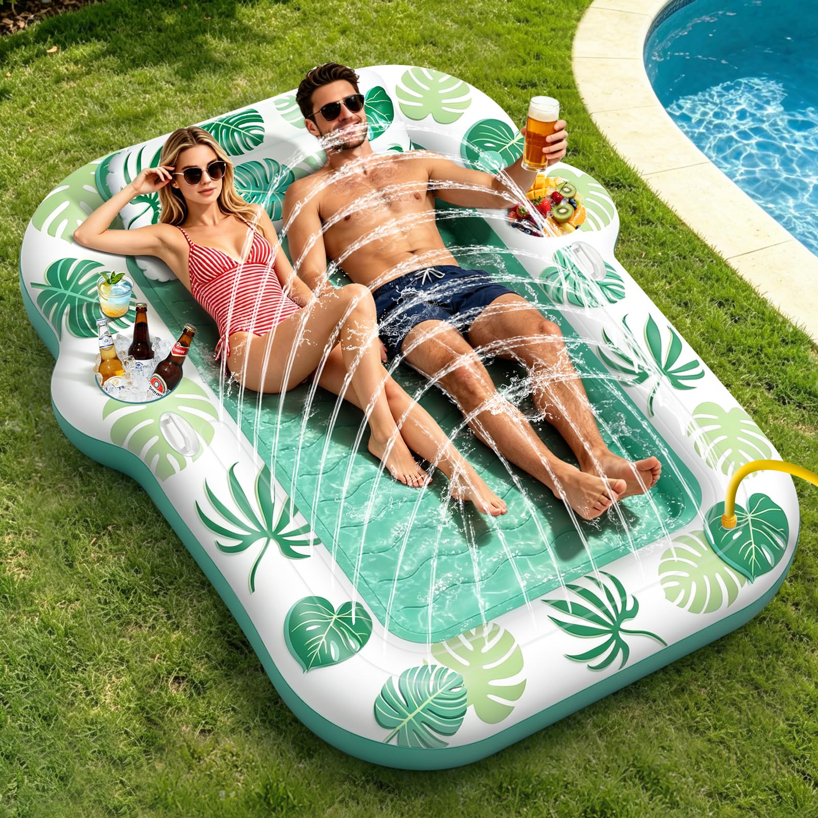 JONRRYIN Materassino Gonfiabile Mare Adulti 2 Persone, Tanning Pool 225×190 cm, Materassino Piscina con Funzione Spruzzo e 2 Portabicchieri, Poltrona Gonfiabile Piscina Relax per Mare