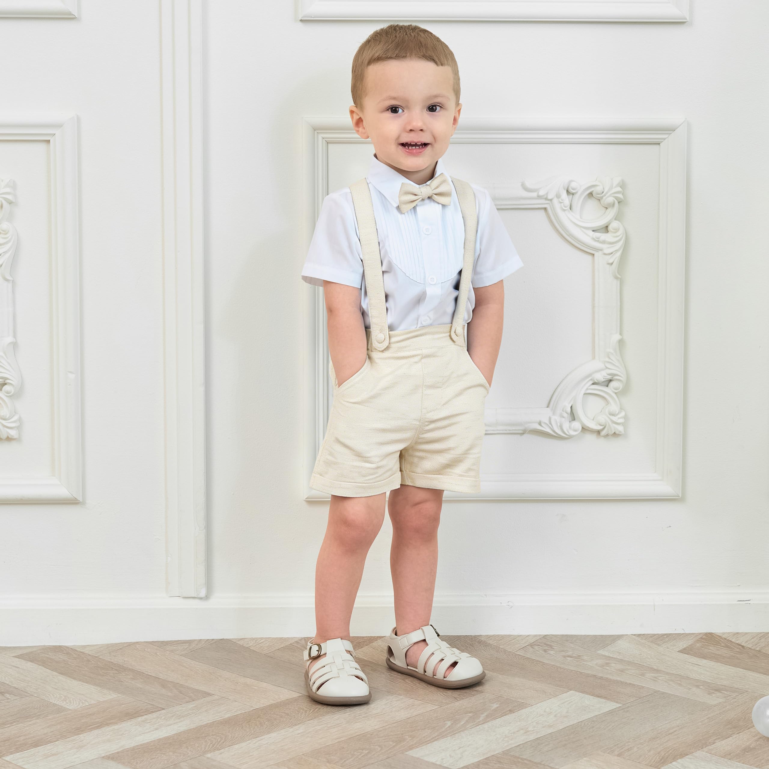 Volunboy Bambino Pantaloncini con Bretelle, Ragazzo Estivi Casual Lino Shorts con Papillon 3 Pezzi