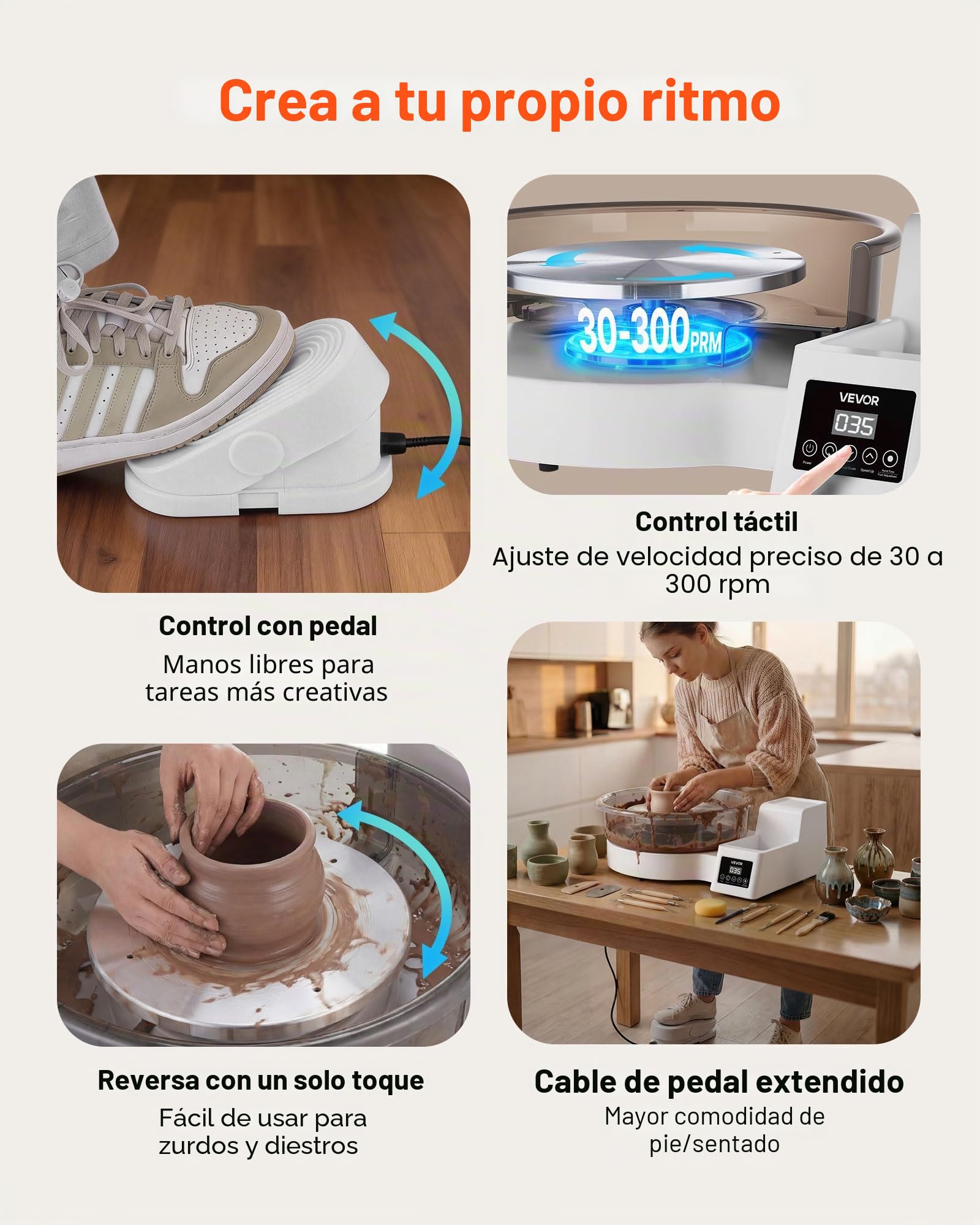 VEVOR Torno de Alfarero, Placas de 36 y 28 cm, Rueda de Cerámica Eléctrica, Velocidad Ajustable de 30 a 300 RPM, Máquina de Modelado con Pedal Pantalla Almacenamiento, para Bricolaje Arcilla, Blanco