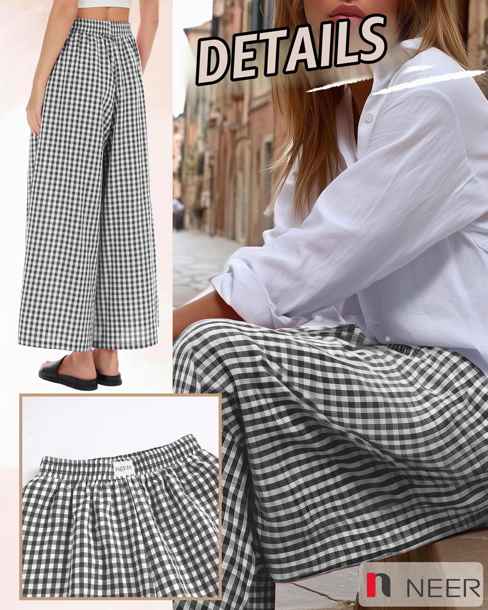 Neer Damen Culottes Gingham-Hose Oversize-Passform weites Bein, elastischer Bund Palazzo-Hosen im Casual-Stil mit Taschen