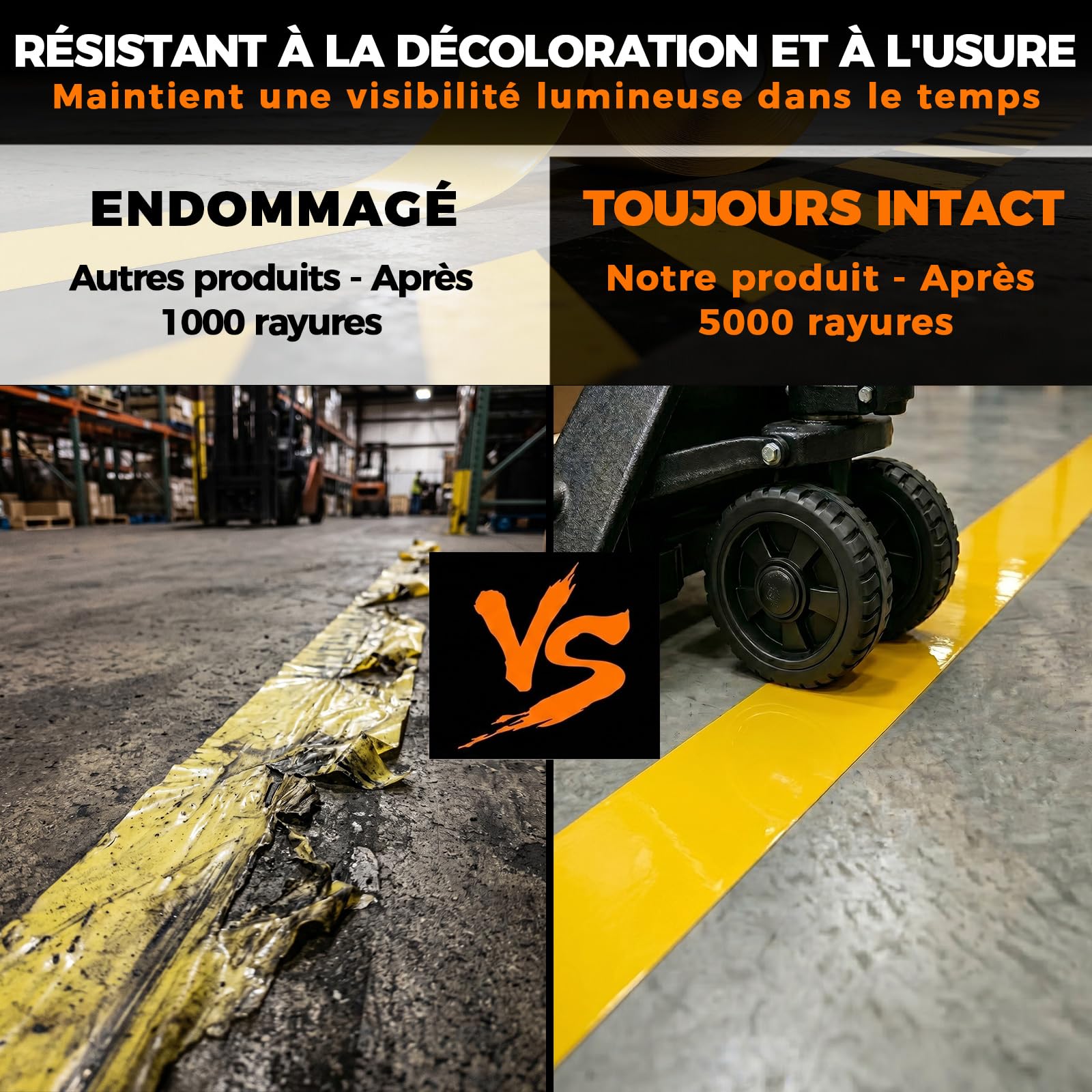Ruban de Marquage au Sol, 1,1 mm épais, 50 mm x 30 m, Jaune | Renforcé et Résistant à l'usure, Forte Adhérence, Pour Entrepôt, Atelier et Industrie