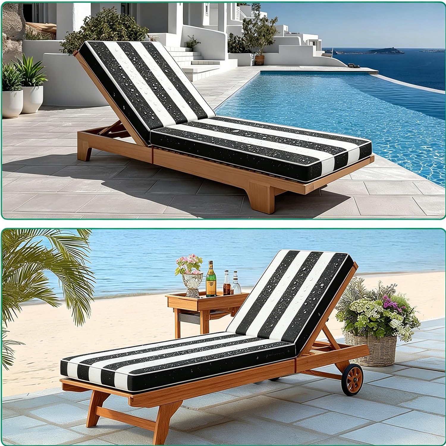 Matelas Rectangulaire Chaise Longue Tissu Rayé Imperméable Antidérapant, Coussin Bain de Soleil Zippé pour Terrasse Piscine Salon