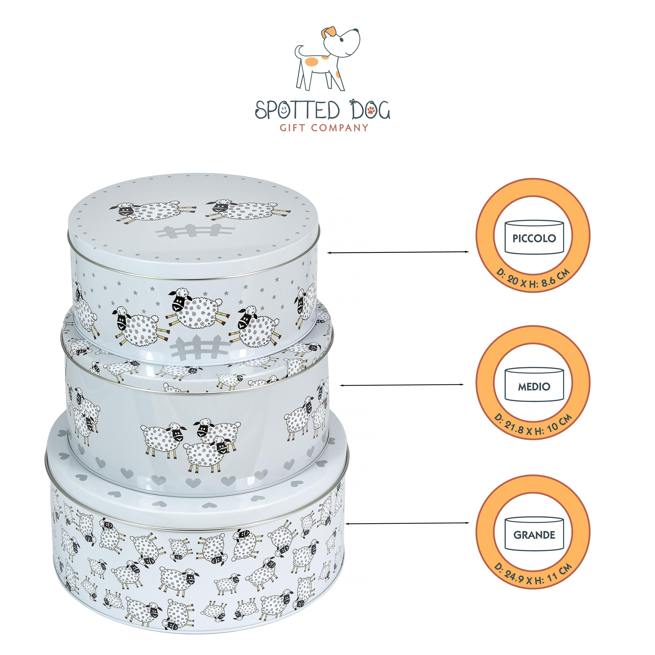 SPOTTED DOG GIFT COMPANY Set di 3 Scatole di Latta, Contenitori Impilabili per Biscotti in Metallo, Barattoli di Latta Rotondi Ermetici per Conservare Torte e Alimenti, Piccoli Medi Grandi - Pecore