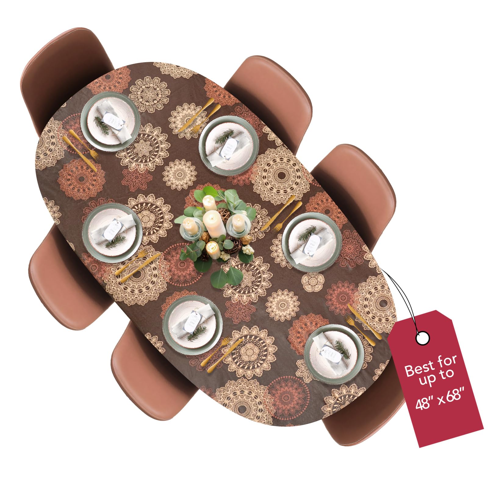 Covers For The Home Deluxe Elastic Edged Flannel Backed Vinyl Fitted Table Cover - Medallion Pattern - Round Oblong Oval - Fits Tables up to 48" W x 68" L