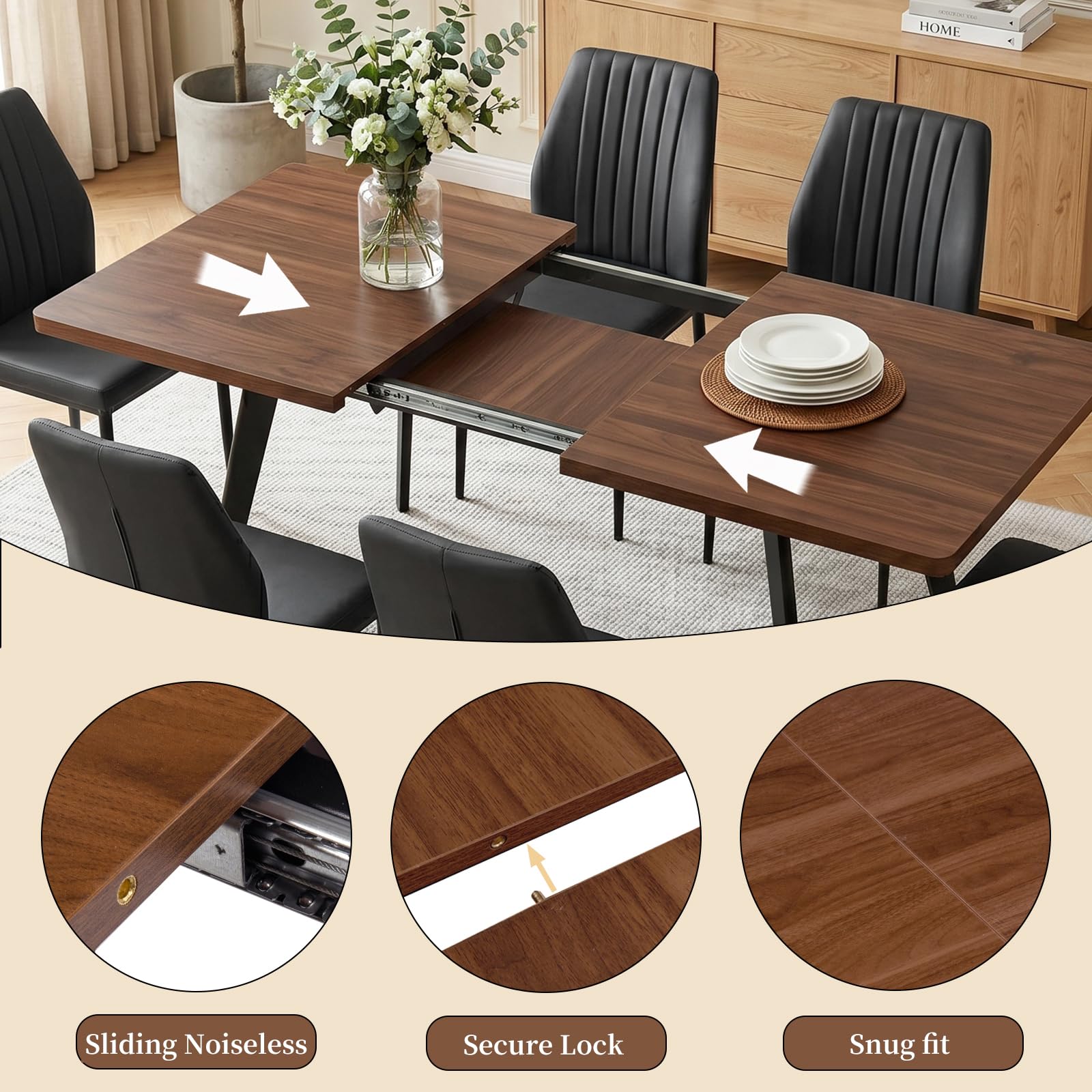 JIEXI Ausziehbares Esstischset mit 6 Stühlen, platzsparender Tisch aus MDF-Holz und stabilem Metallgestell, perfekt für Esszimmer, Küchen und Wohnungen – Tisch aus Eiche + Stühle aus grauem Samt
