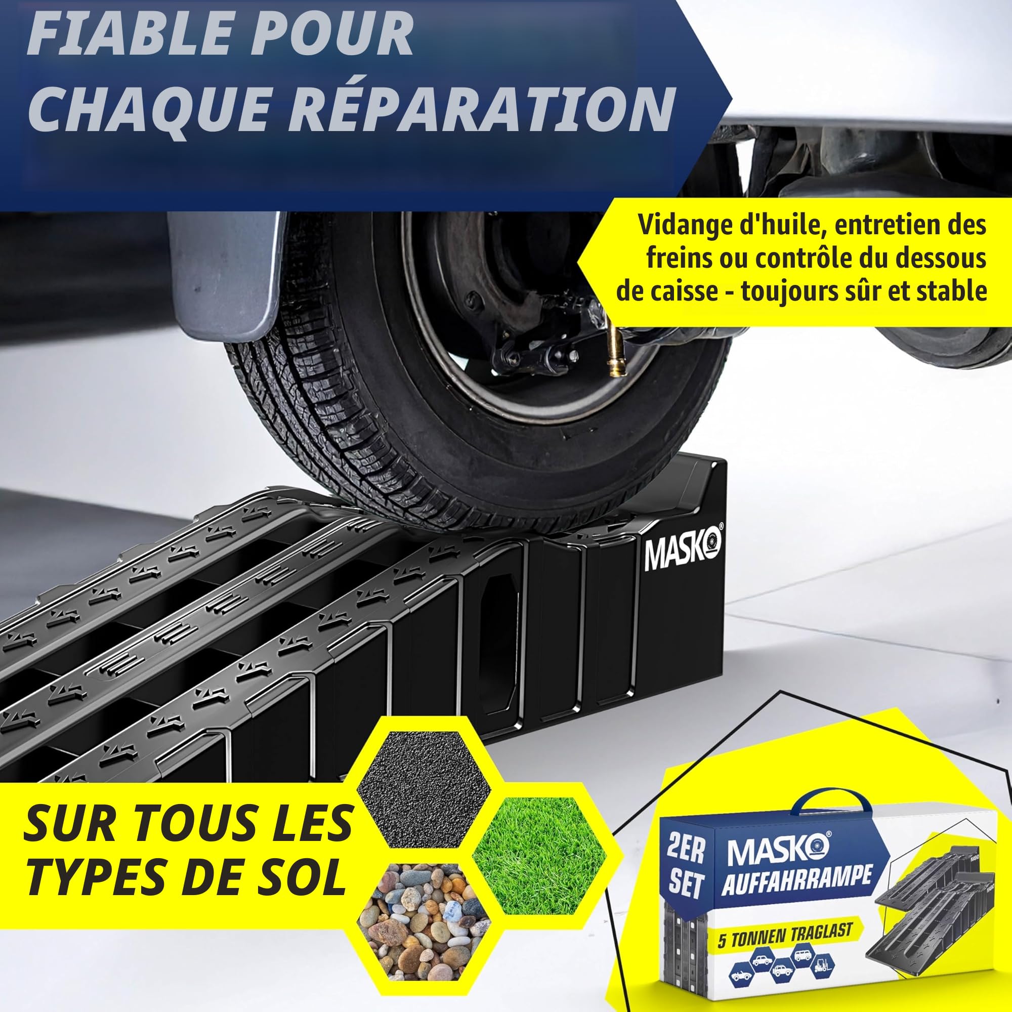 MASKO® Lot de 2 rampes d'accès | Cales de Chargement jusqu'à 5 t | Rampe de Voiture avec Protection Contre Les débordements | Rampe de Chargement antidérapante, Robuste et Extra Large