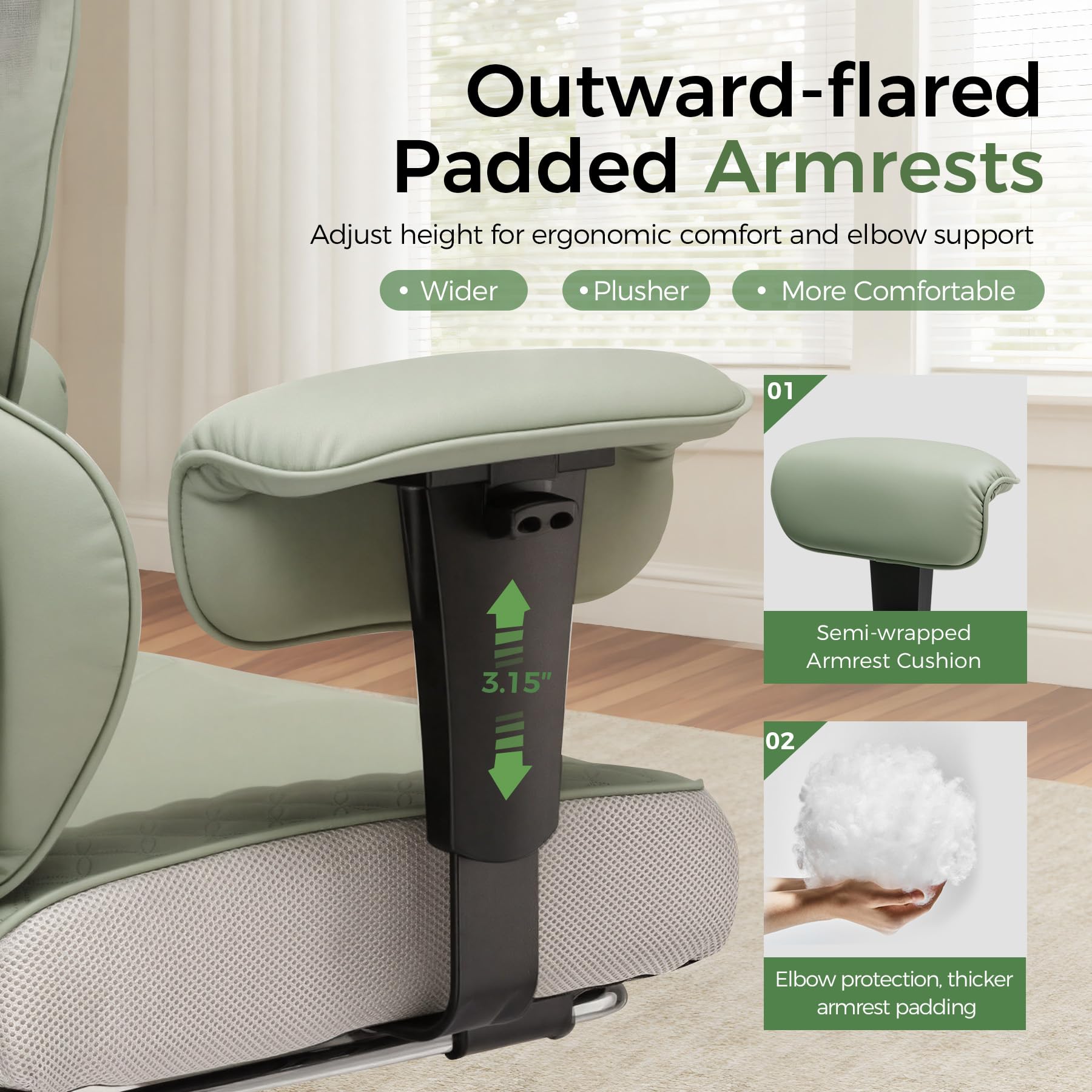 GTPLAYER Big and Tall Gaming Chair 400lbs Heavy Duty Office Chair with Foot Rest & Ergonomic Pocket Spring Lumbar Support, High Back 3D Saddle Shaped Cushion for Back Pain Relief, Green view 9