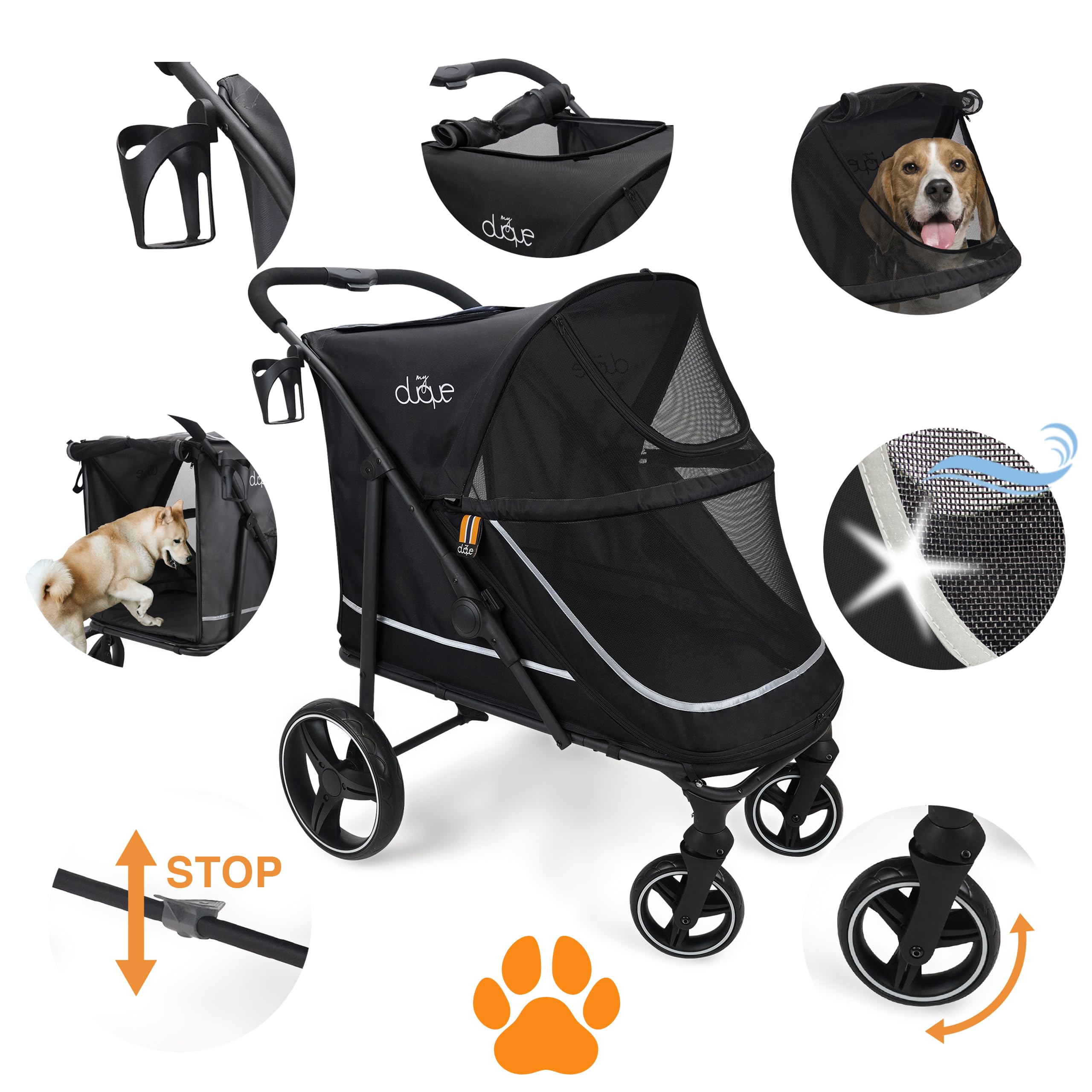 DUQUE Poussette CHAMP Voyage pour Animaux | Pliante avec Housse de Pluie, Porte-Gobelet et Rangement Intérieur, Convient pour Chat et Chien, 50 kg - Noir
