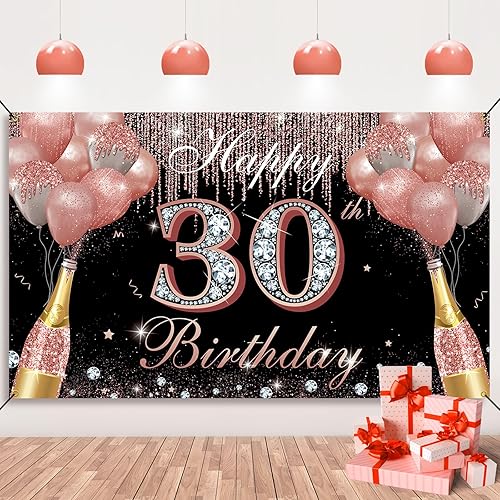 Decoraciones de feliz cumpleaños 30 para mujer, color oro rosa, pancarta de fondo de fiesta de cumpleaños de 30 años, cartel de treinta cumpleaños