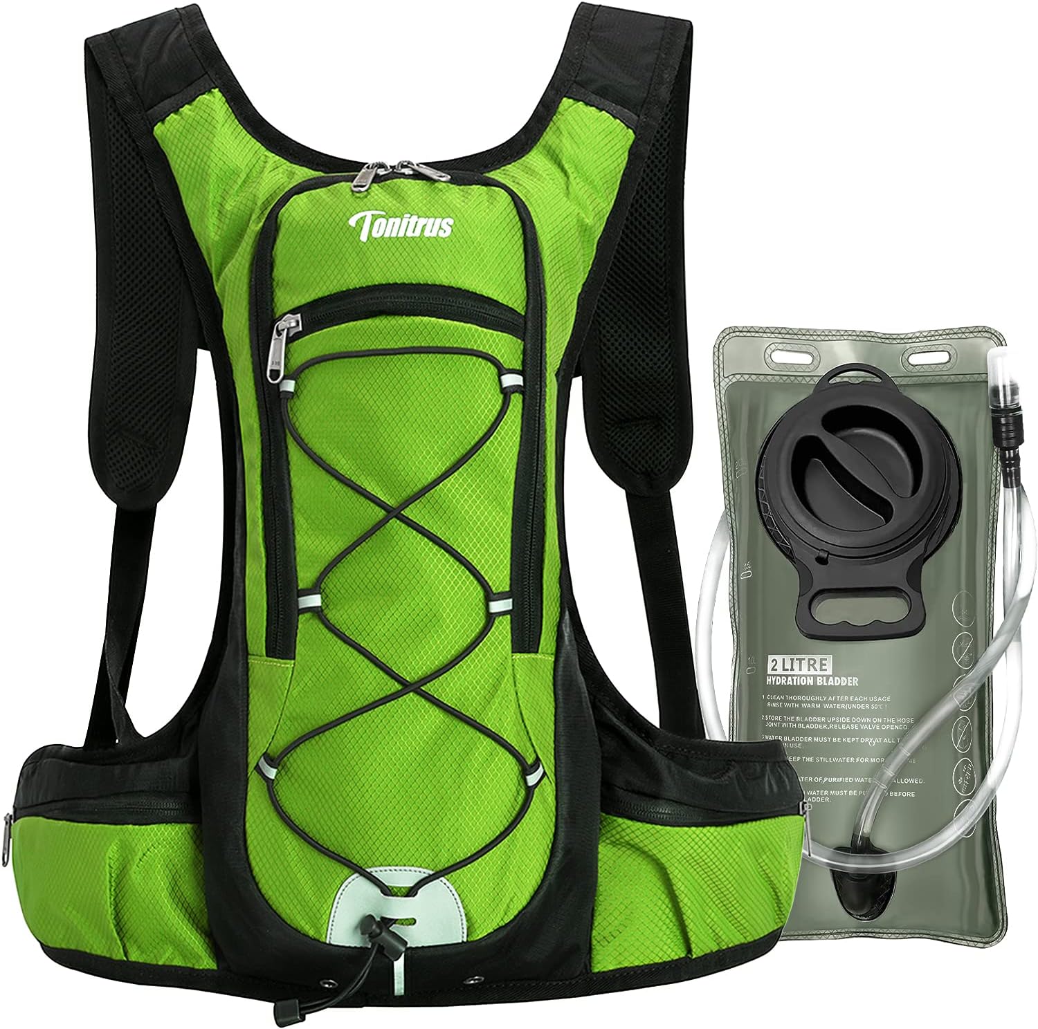 Tonitrus Hydration Backpack with 70oz Water Bladder, 2 Waist Pouch Water Pack for Man Women Kid, Lightweight Nylon Hydration Pack for Hiking Camping Cycling Running (Green-New) : Sports & Outdoors