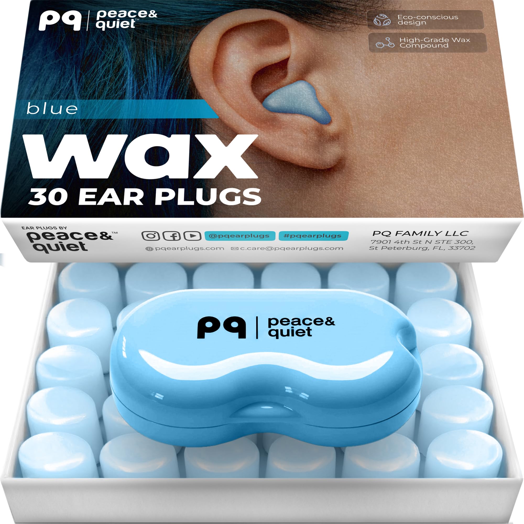 Peace&Quiet PQ Wax Earplugs for Sleep, Silicone Ear Plugs, Blue, 30 Ct