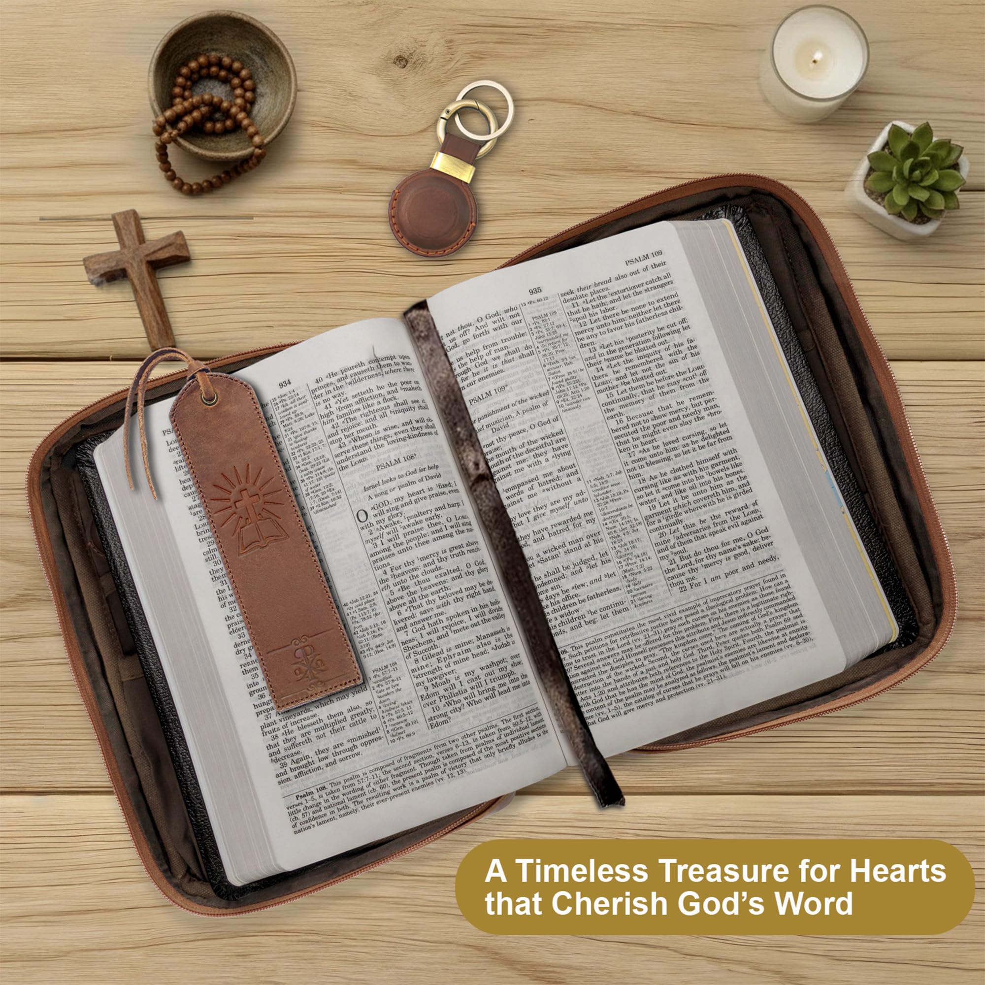 Sovereign-Gear Funda grande de cuero para la Biblia con cruz, piel de búfalo auténtica para hombres y mujeres, con asa, cremallera, bolsillos, bolsa de iglesia más marcapáginas y soporte compatible