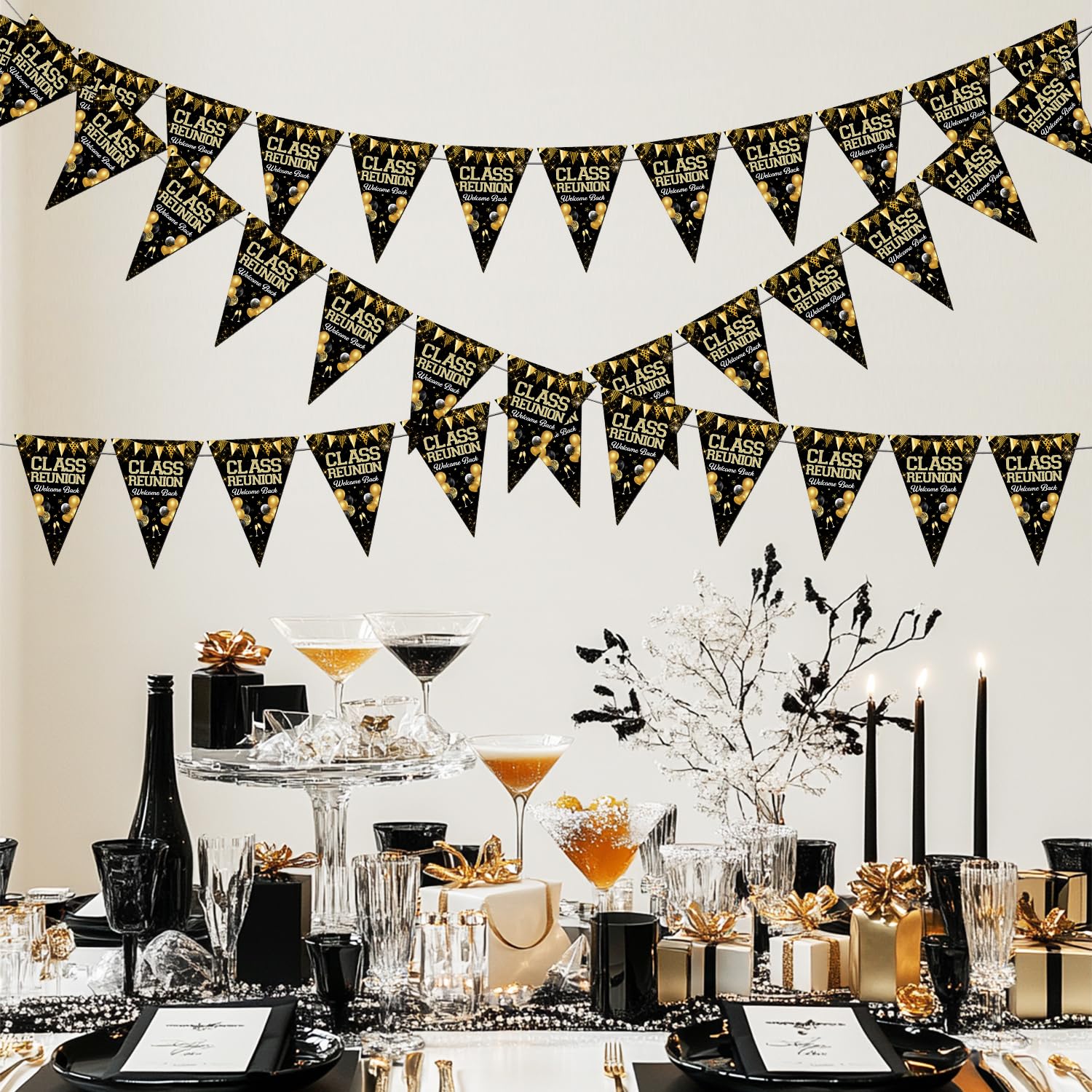 Class Reunion Decorations School Class Reunion Banner Gold Black Welcome Back School Reunion Pennant High School Reunion Triangle Flag Bunting Banner for 20th 30th 40th Reunion Party Photography Prop - Image 2