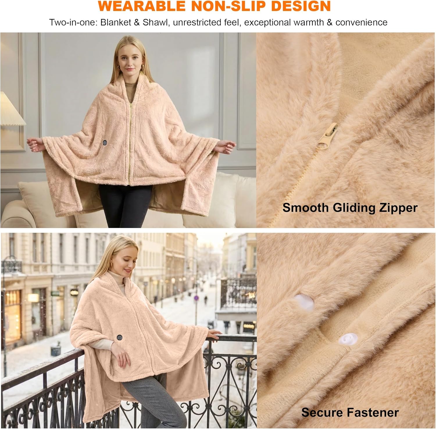 Heated Blanket Battery Operated with Fleece Lining 7.4V 16000mAh Battery 62" x 35" Heated Shawl Wraps for Women Men Cordless USB Outdoor Portable Electric Blanket 6 Heating Zones Khaki - Image 6