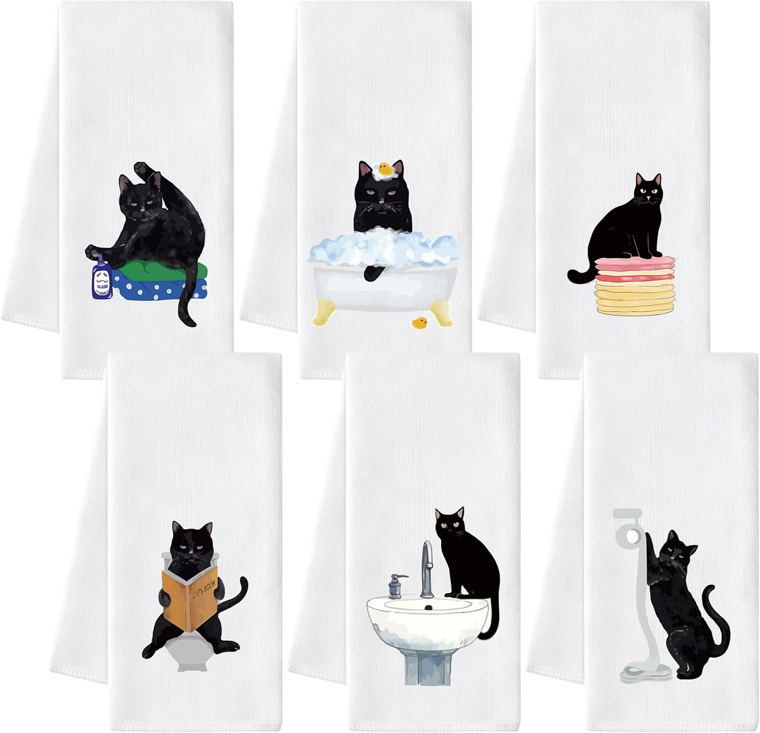 Black Cat Hand Towel – 6Pcs Funny Bathroom Black Cat Decorative Kitchen Dish Cloths Set Absorbent Polyester Towels for Bath Bar Dining Room Decor, Housewarming Gift for Hostess & Home