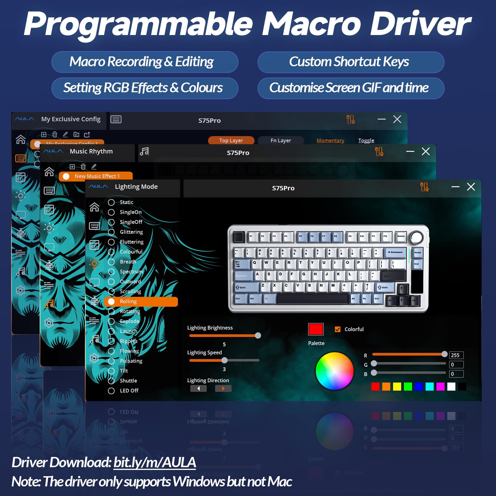 AULA S75 PRO Wireless Mechanical Keyboard with Screen&Knob, Tri-Mode Hot Swappable Gaming Keyboard 75%, Pre-lubed Switches, RGB Backlit, Side Printed PBT Keycaps, Creamy Sounding Computer Keyboards