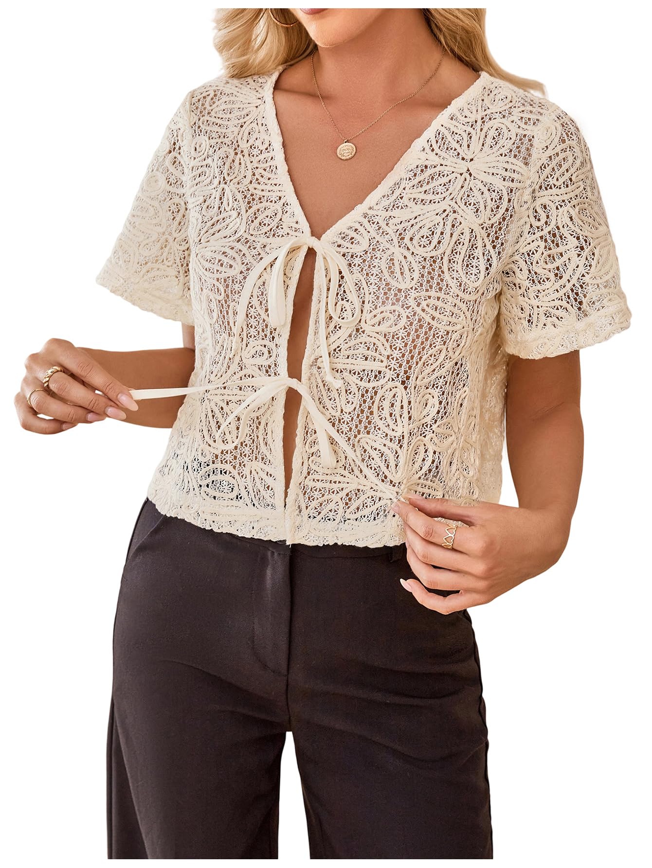 Women's Tie Front Mesh Summer Tops Floral Embroidered Short Sleeve V Neck Beach Blouses Shirt 2025