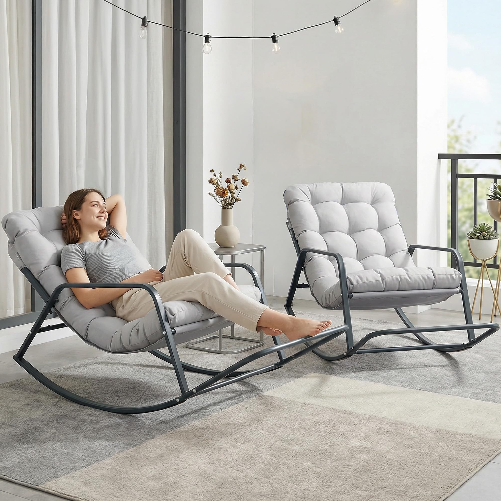 BULEXYARD Grey 2 Pcs Oversized Indoor Outdoor Lounge Royal Rocking Chair with Armrest Footrest for Napping Relaxing, Heavy Duty Patio Reclining